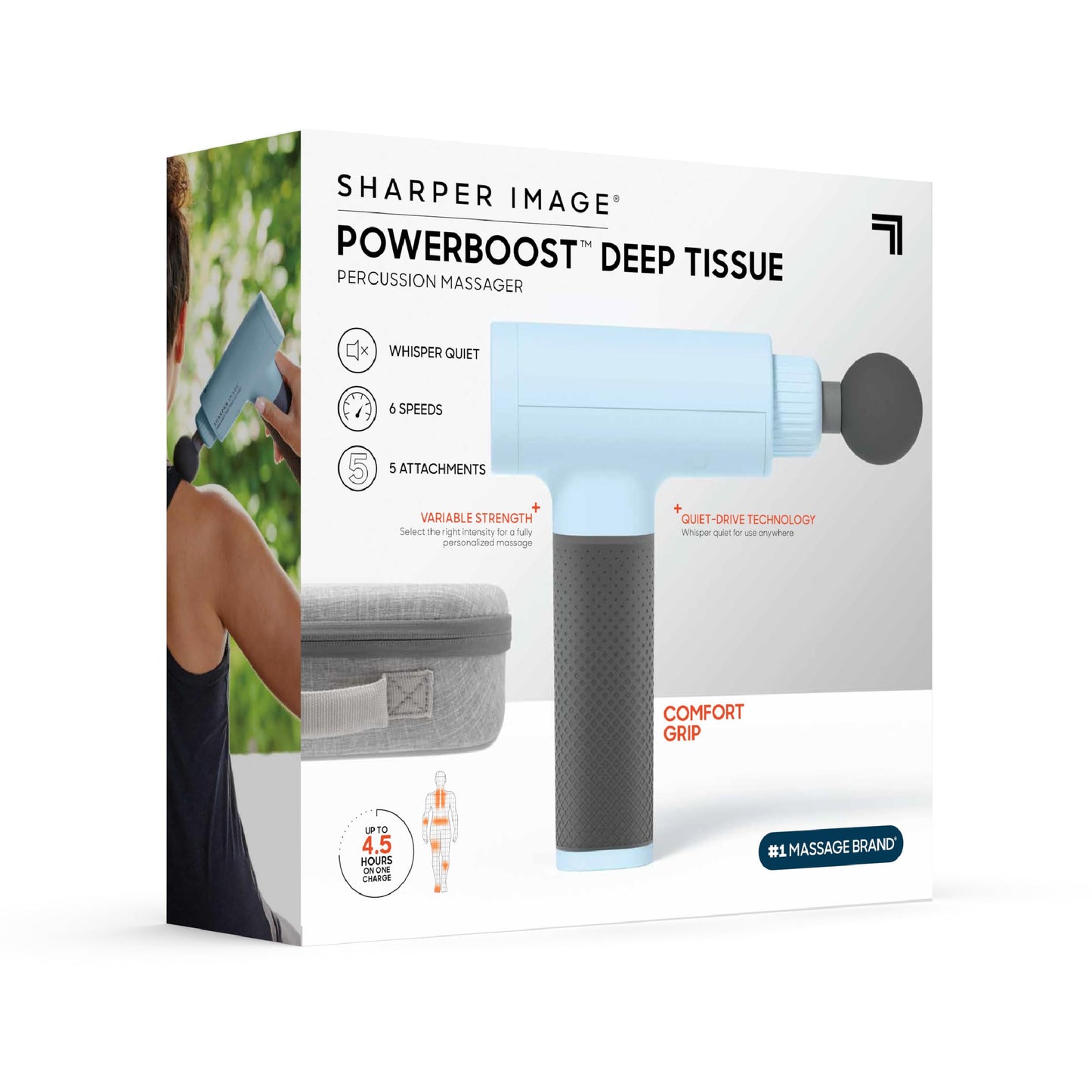Sharper Image Deep Tissue Percussion Massage Gun, Powerboost Rechargeable Handheld Massager, 6 Adjustable Speeds, 5 Attachment Heads & Carrying Case, Full Body Muscle Pain Relief, Light Blue