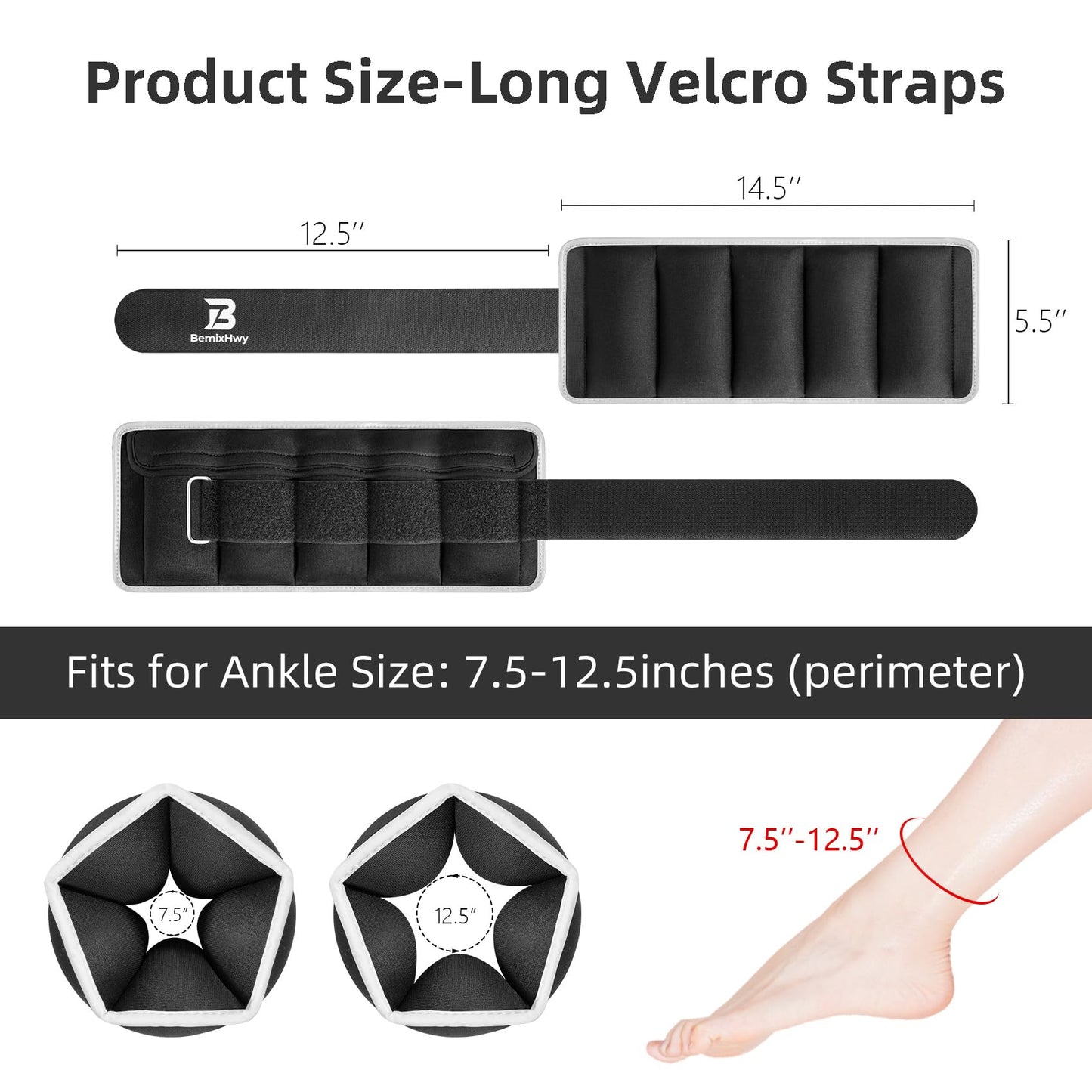 BemixHwy Adjustable Ankle Weights Set 1 Pair 2-10 lbs, Comfortable Leg Weights for Walking, Running, Pilates, Yoga, Home Workout & Physical Therapy (Fzbt_Black)