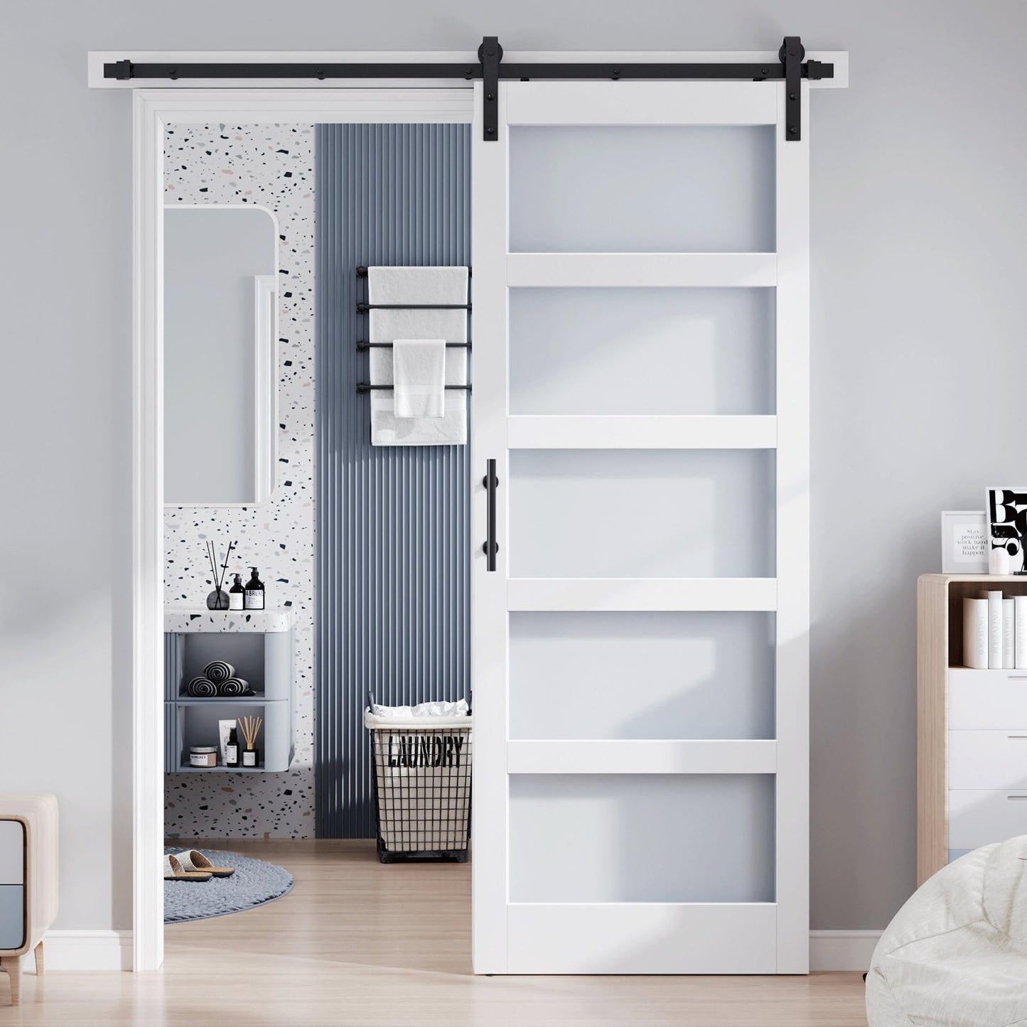 ROYMELO 36x96 Inch Glass Sliding Barn Door Slab and 6.6ft Hardware Kit Included, 5 Frosted Glass, LVL Wood Panel Covered with White Water-Proof Scratch-Proof PVC Surface, Simple DIY Assembly