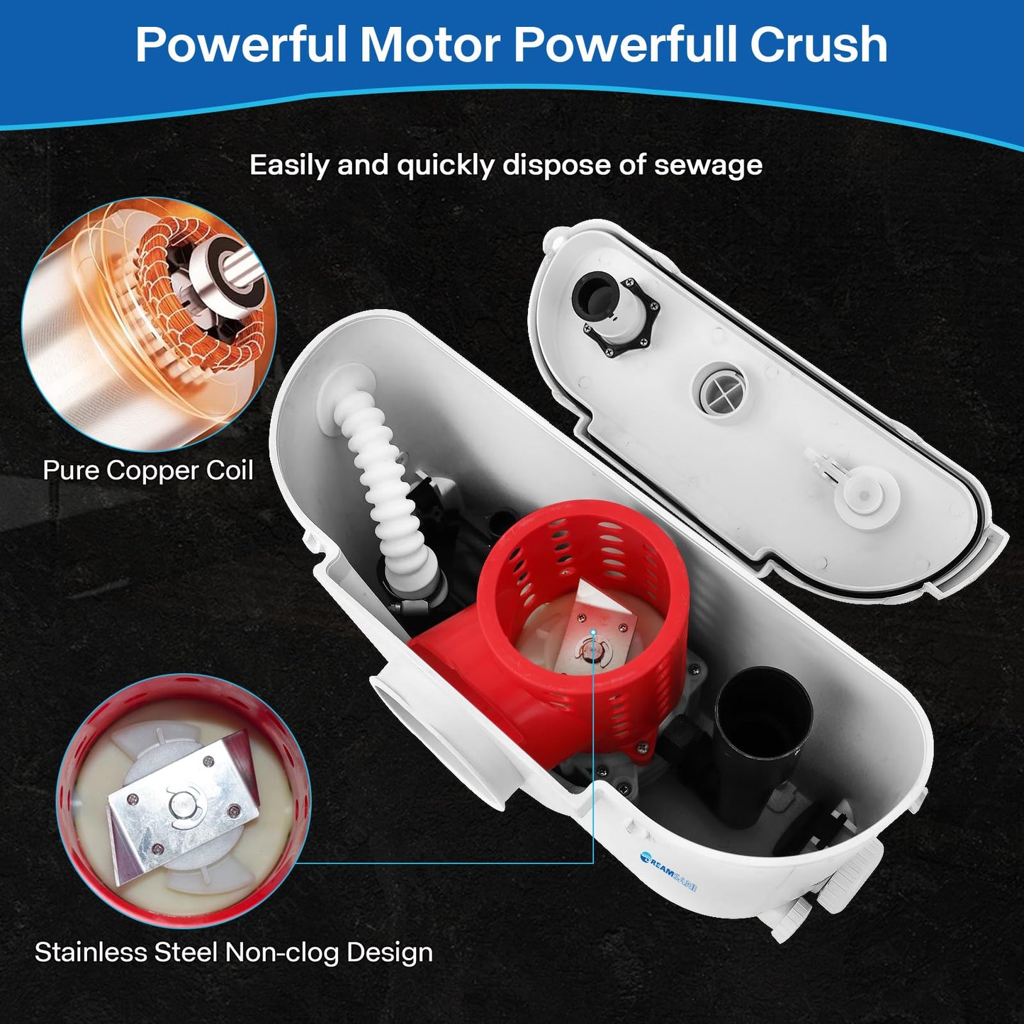 Dreamsani 500W Macerator Pump for Macerating Toilet Upflush Waste Water Marine Sewerage Pump with 4 Water Inlets Toilet Disposal Laundry Sink Shower