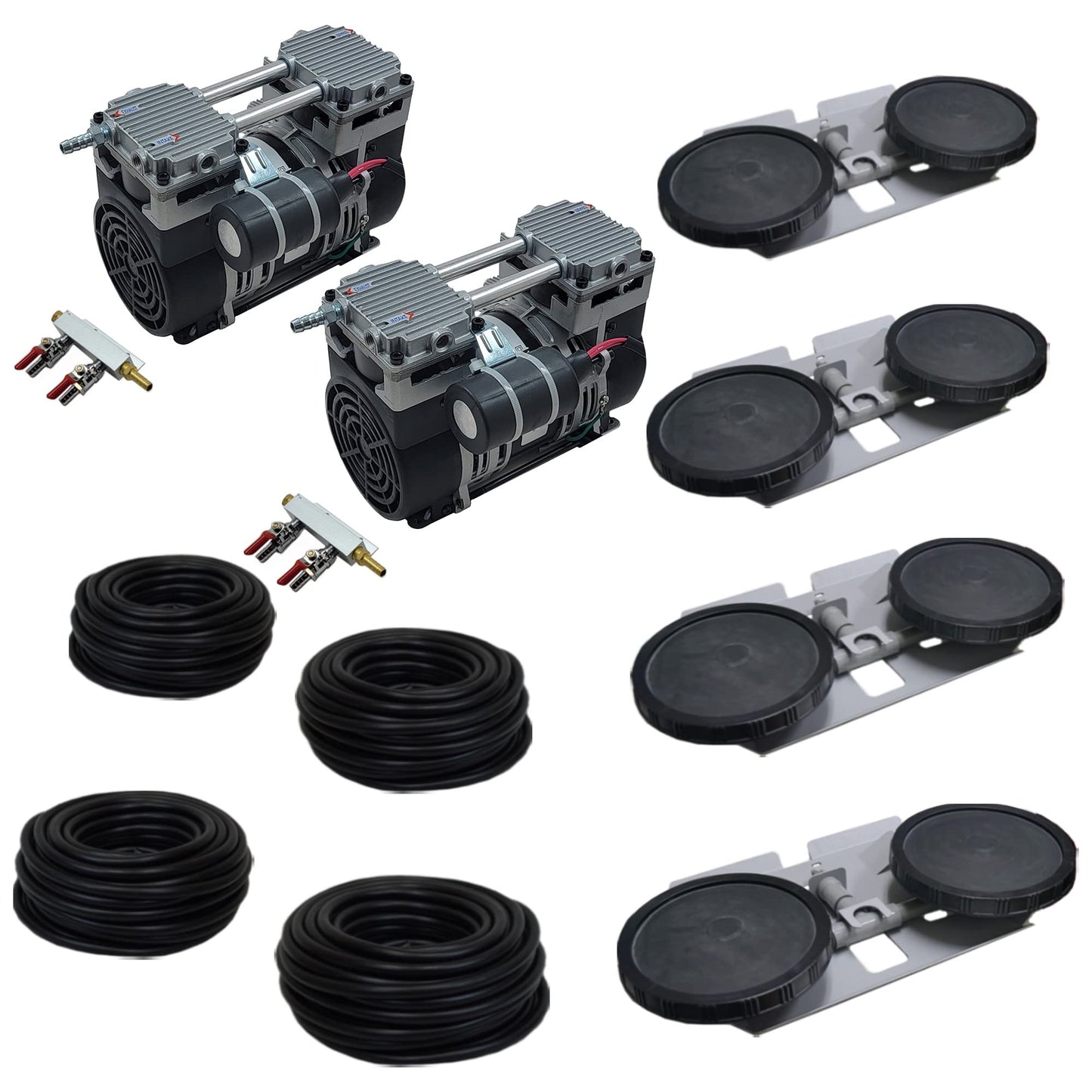 Half Off Ponds Pro Aeration System MAX - Dual 1 HP Pond Aerator Pumps for Up to 5 Acres - 120V Electric Compressors, 4 Double 10" Diffusers and 400' Weighted Tubing