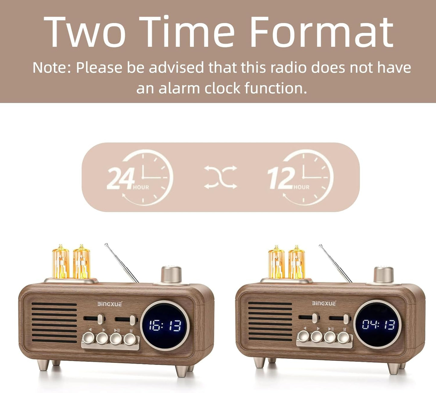 Bingxue Speaker,12/24H Retro Radios FM Portable Bluetooth Small Plug in Vintage Clock Radio with USB/AUX/TF Card