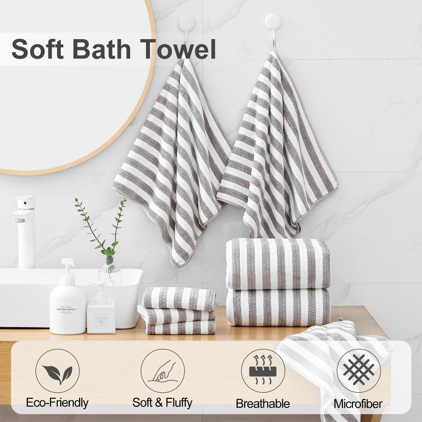 Smuge 18 Pcs Bath Towel Set, Include 6 Bath Towel Sheets, 6 Hand Towels and 6 Washcloths - Highly Absorbent Quick Dry Microfiber,Ultra Soft Bathroom Towel Set with Hanging Loop - Light Gray