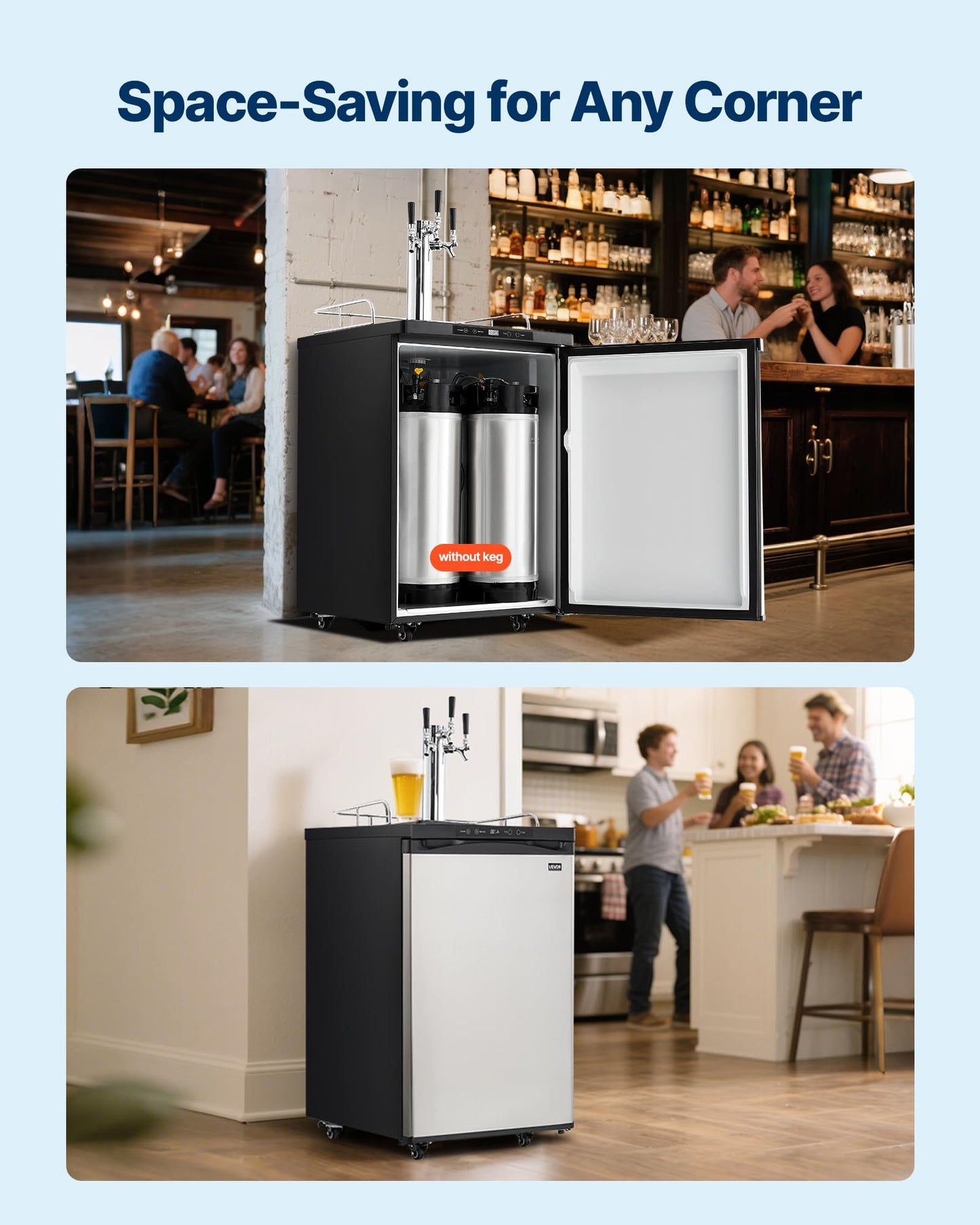 VEVOR Beer Kegerator, Triple Tap Commercial Draft Beer Dispenser for D system, Full Size Keg Refrigerator with 5lbs CO2 Tank, Hold 3 Sixth/2 Slim/3 Ball lock keg (3 taps - ball lock)