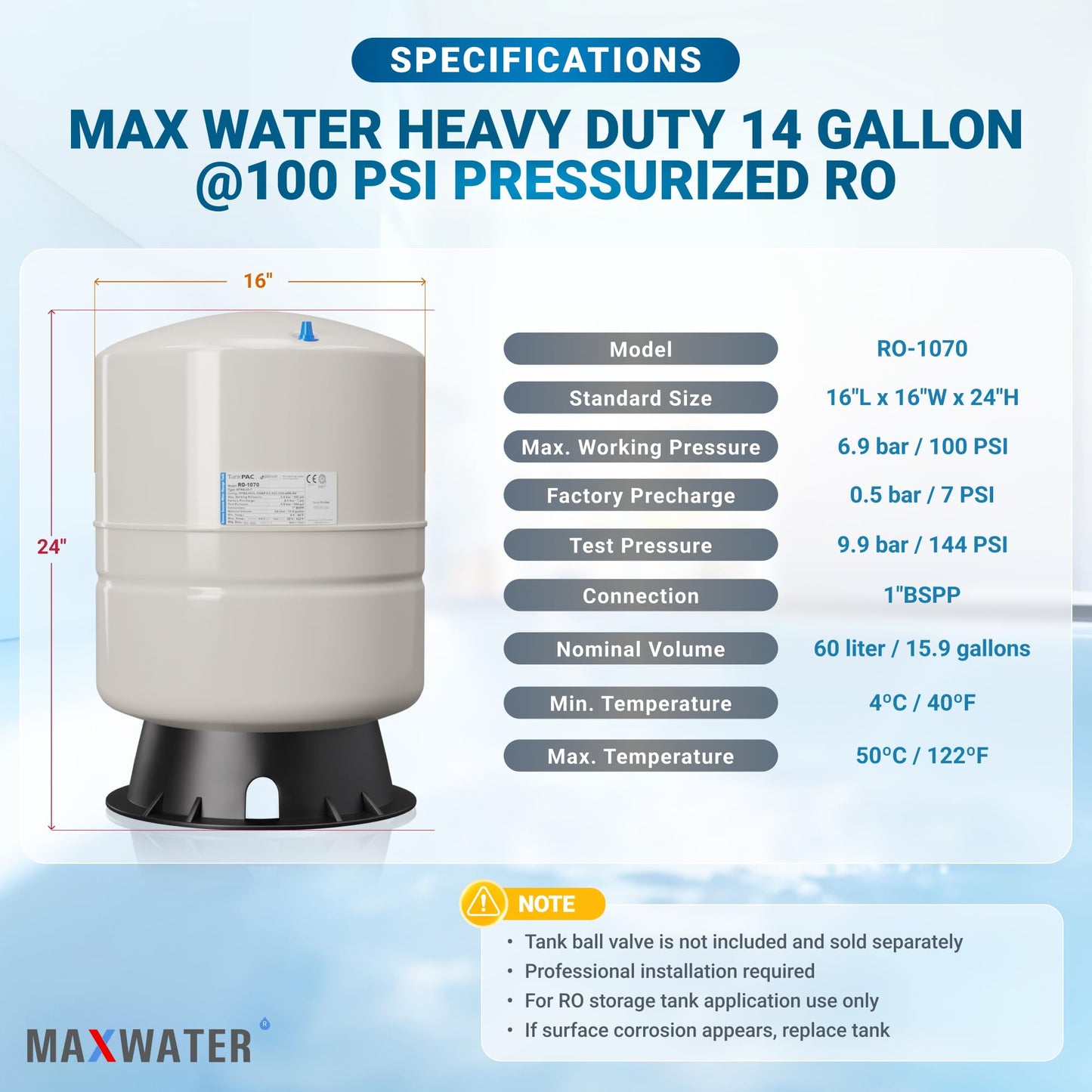 Max Water 14 Gallon RO Pre-pressurized Reverse Osmosis Water Storage Tank