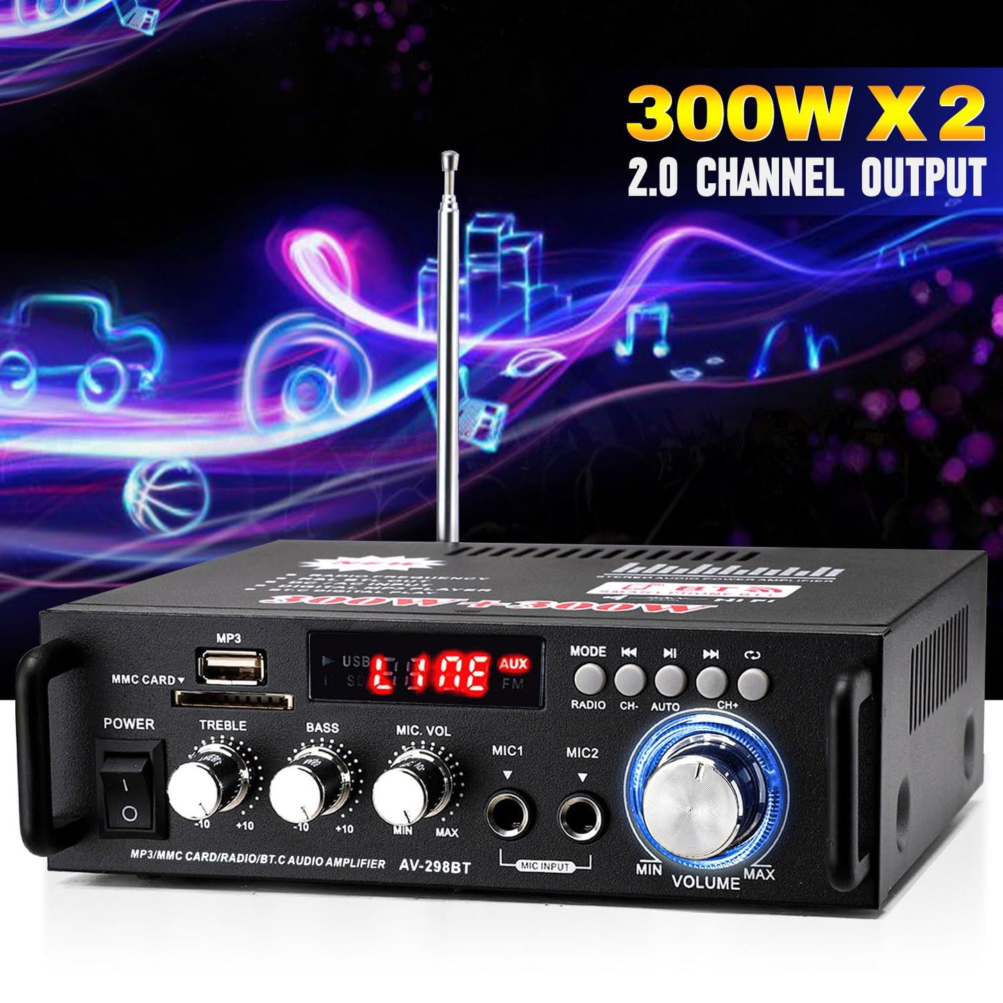 AV-298BT 600W 2 5.0 Stereo Audio Amplifier, Max Amp Channel Wireless Bluetooth Power Amplifier System, Home Amplifiers