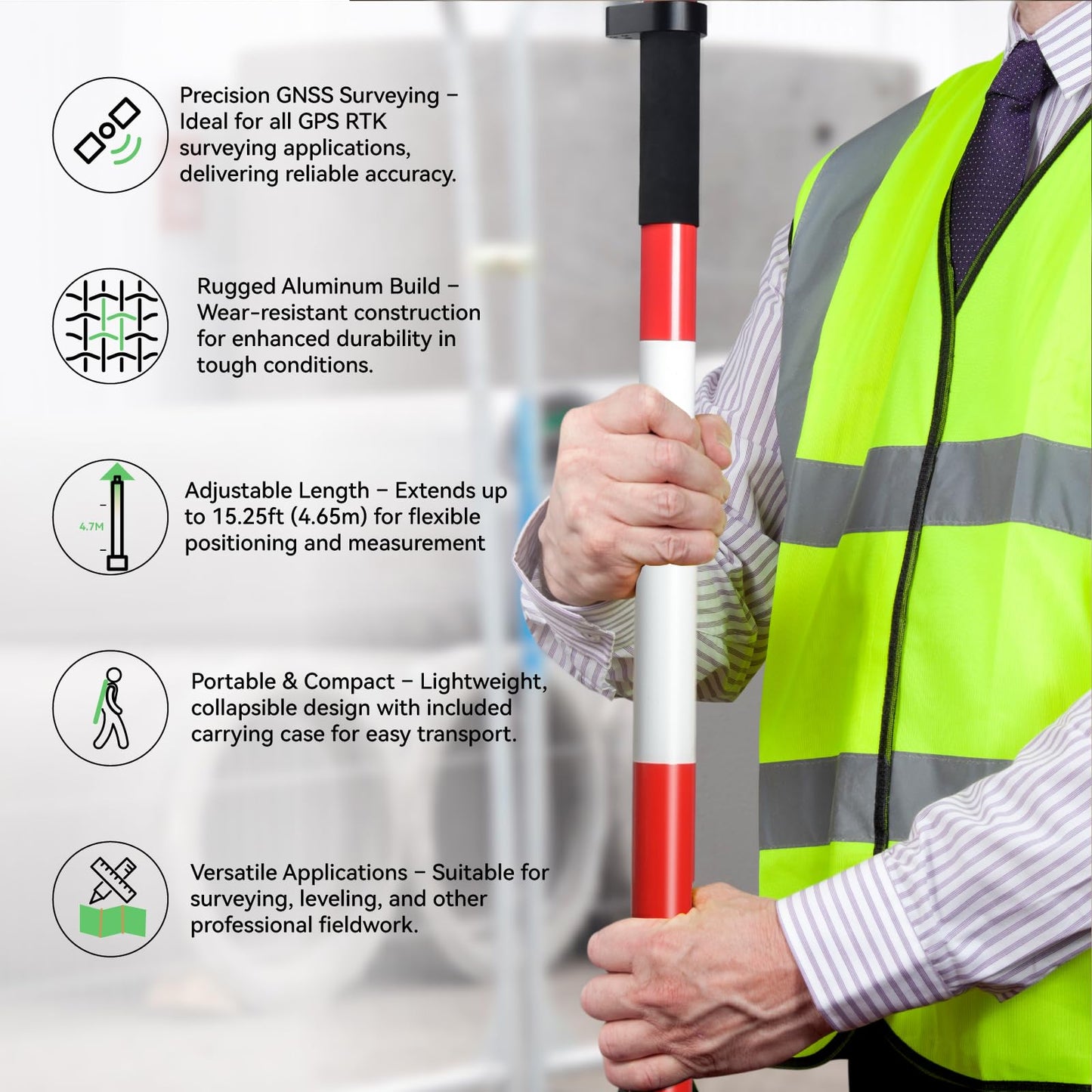 SingularXYZ 4.65m/15.25FT Aluminum Prism Pole - Dual Scale, Quick Release Clamp & 40-Minute Bubble Level, Survey GPS Pole for GPS/GNSS/Total Stations