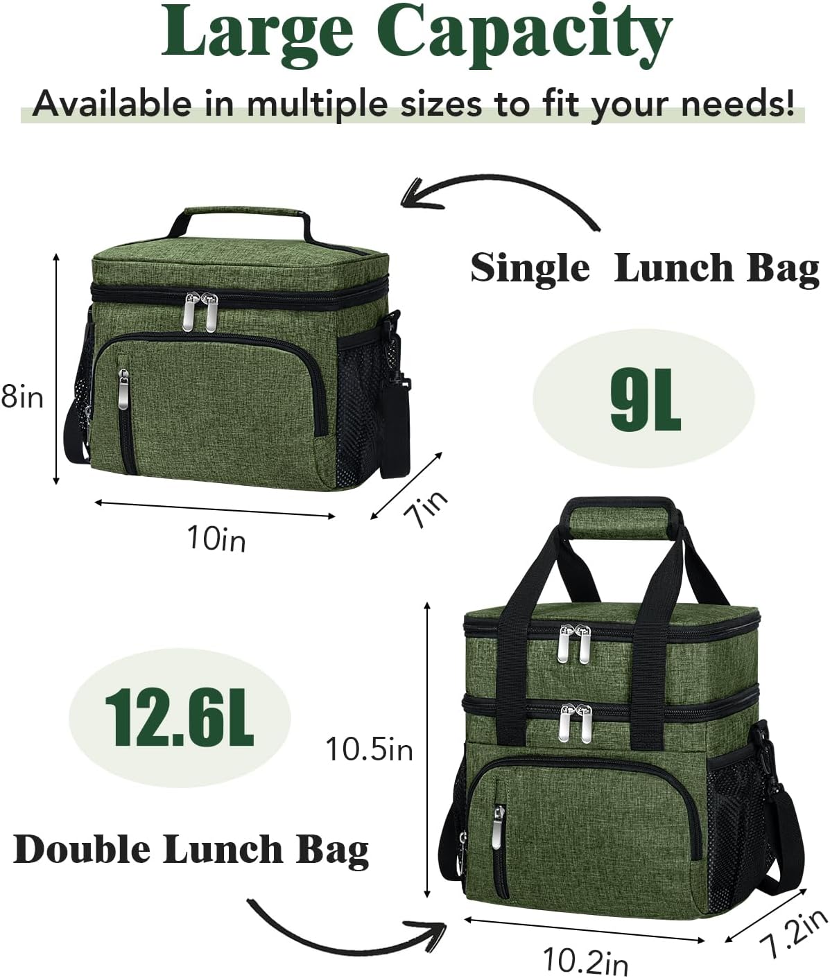 Skiennix Insulated Lunch Bag - 9L Leakproof Soft Cooler Tote with 5 Pockets | Adjustable Strap - Green