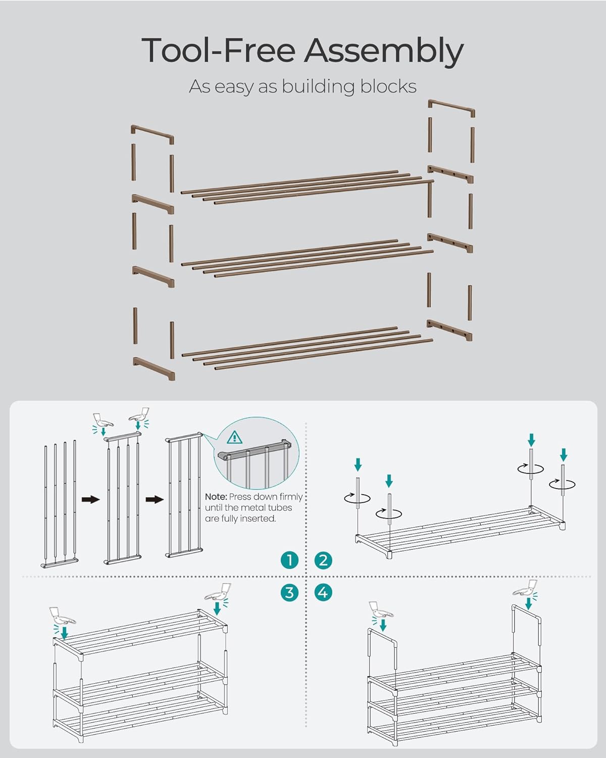 SONGMICS 3-Tier Shoe Rack - Stackable Metal Organizer for 16-20 Pairs | Walnut Brown, 11.8 x 36.2 x 21.7 Inches