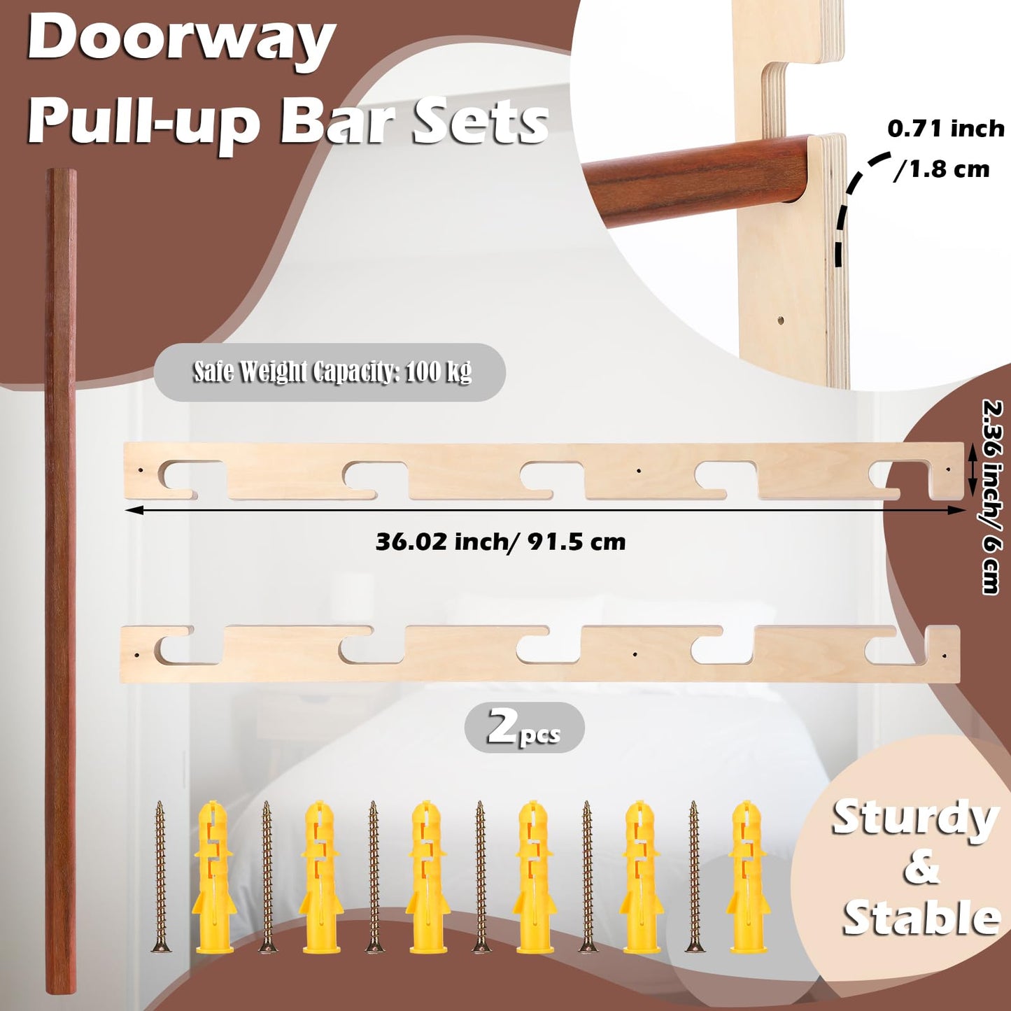 Leinuosen Doorway Pull-up Bar Sets Adjustable 5 Levels Wooden Doorway Pull-up Bar and 2 Door Frame with 6 Sets of Screw-in Heavy-duty Door-mounts to Fits 118cm(100kg Load Capacity)