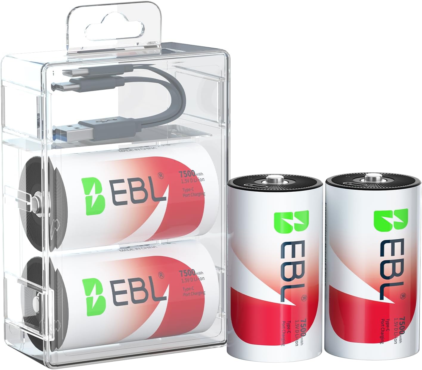 EBL 7500mWh 1.5V 1600+ 2 (4 Pack) Rechargeable D Batteries Lithium Cycles with USB-C Cables for Cameras, Floodlight