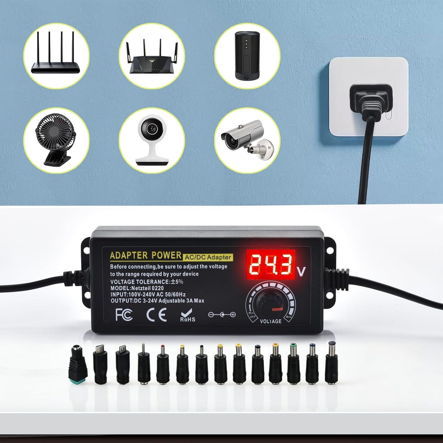 Amtake 72w 3V 24V 100V-240V Display,14pcs Tips,4-Way Universal Power Supply Adjustable DC ~ Variable Switching AC/DC