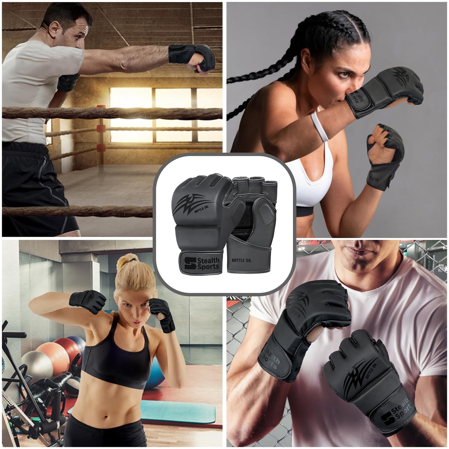 Stealth Sports MMA Gloves Men Women 12mm Thick - PU Leather Grappling Gloves Open Palm Muay Thai Kickboxing Sparring Punching Bag Boxing Training Cage Fighting Martial Arts Mitts (Matte, L)