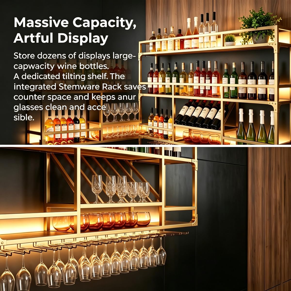 RAJYQODIS 59in Wall Mounted Wine Rack, Floating Industrial Liquor Glass Holder 3 Tiers, Large Metal Wine Bottle Display Rack Hanging Shelf, for Home Bar Dining Room Decorative