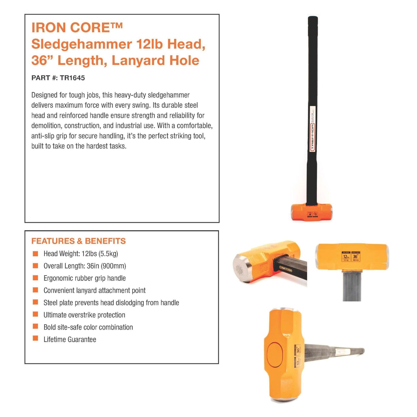TREMMOR Sledge Hammer 12lb Heavy Duty Sledgehammer with IRON CORE Steel Reinforced Rubber Handle | Sledgehammers for Demo, Pros, DIY, Industrial (36 in. Length) TR1645