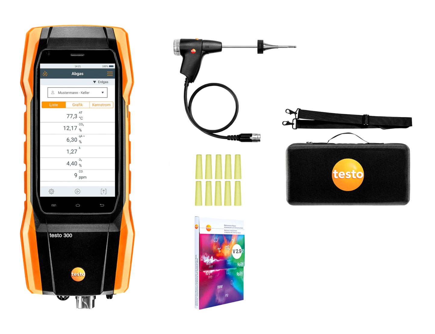 testo 300 Combustion Analyzer HVAC Kit - Residential Combustion Leak Tester for Flue Gas, Draft, Differential Pressure, Ambient CO Levels of Heating Systems - Natural Gas Leak Tester with Spare Probe