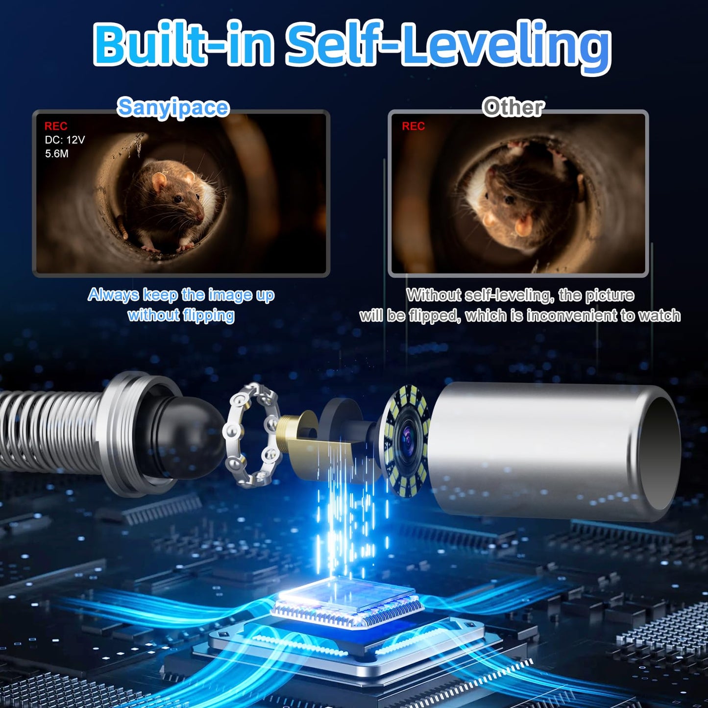 Sanyipace Sewer Camera 328FT/100M with 512Hz Transmitter, Self-Leveling, Drain Plumbing Pipe Inspection Camera with Mic Speaker, DVR Recorder, 16GB TF Card, 9mm Rigid Cable, Pipe Pulley Guide Wheel