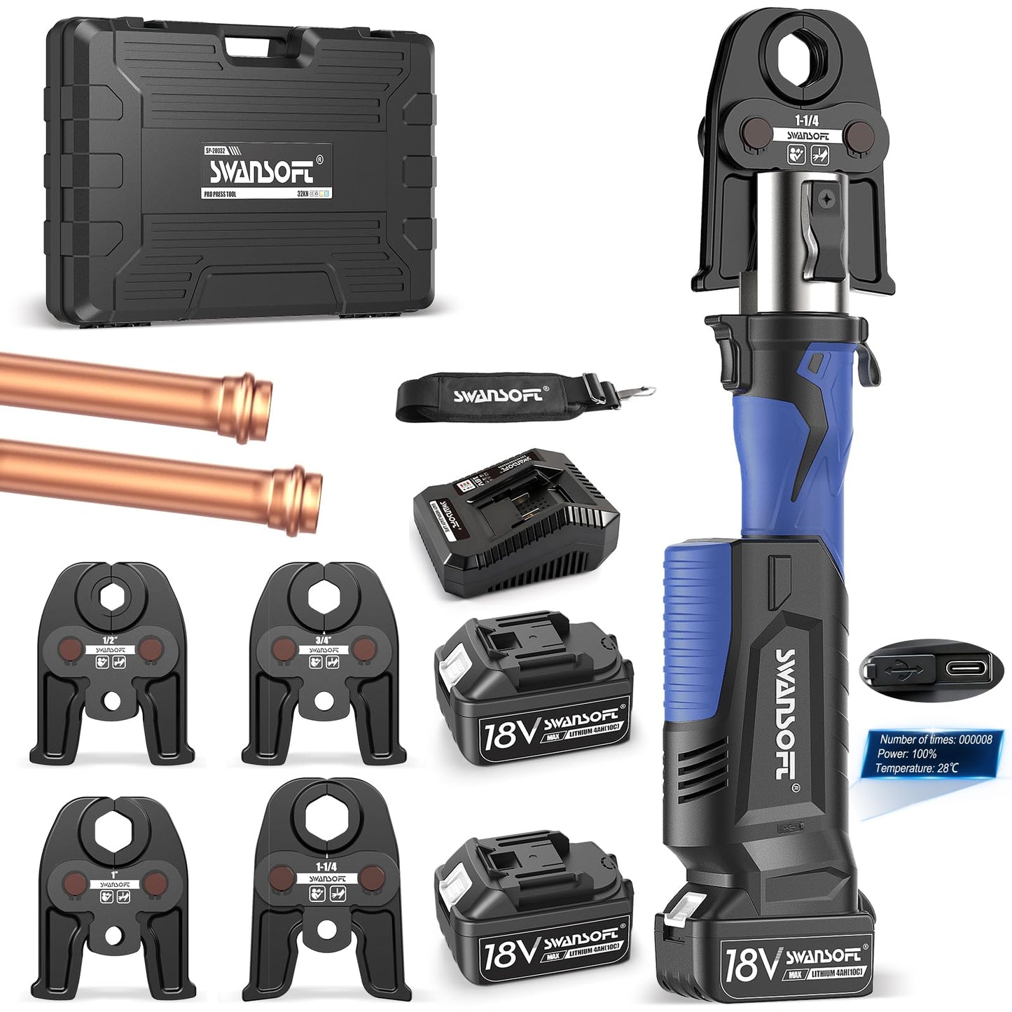 SWANSOFT Pro Press Tool, Copper Pipe Crimping Tool with 18V 4Ah Battery Pro Press Copper Crimper Tool with 4 US Standard Jaws 1/2", 3/4'', 1", 1-1/4", Electric Hydraulic Plumbing Crimping Tool - Blue