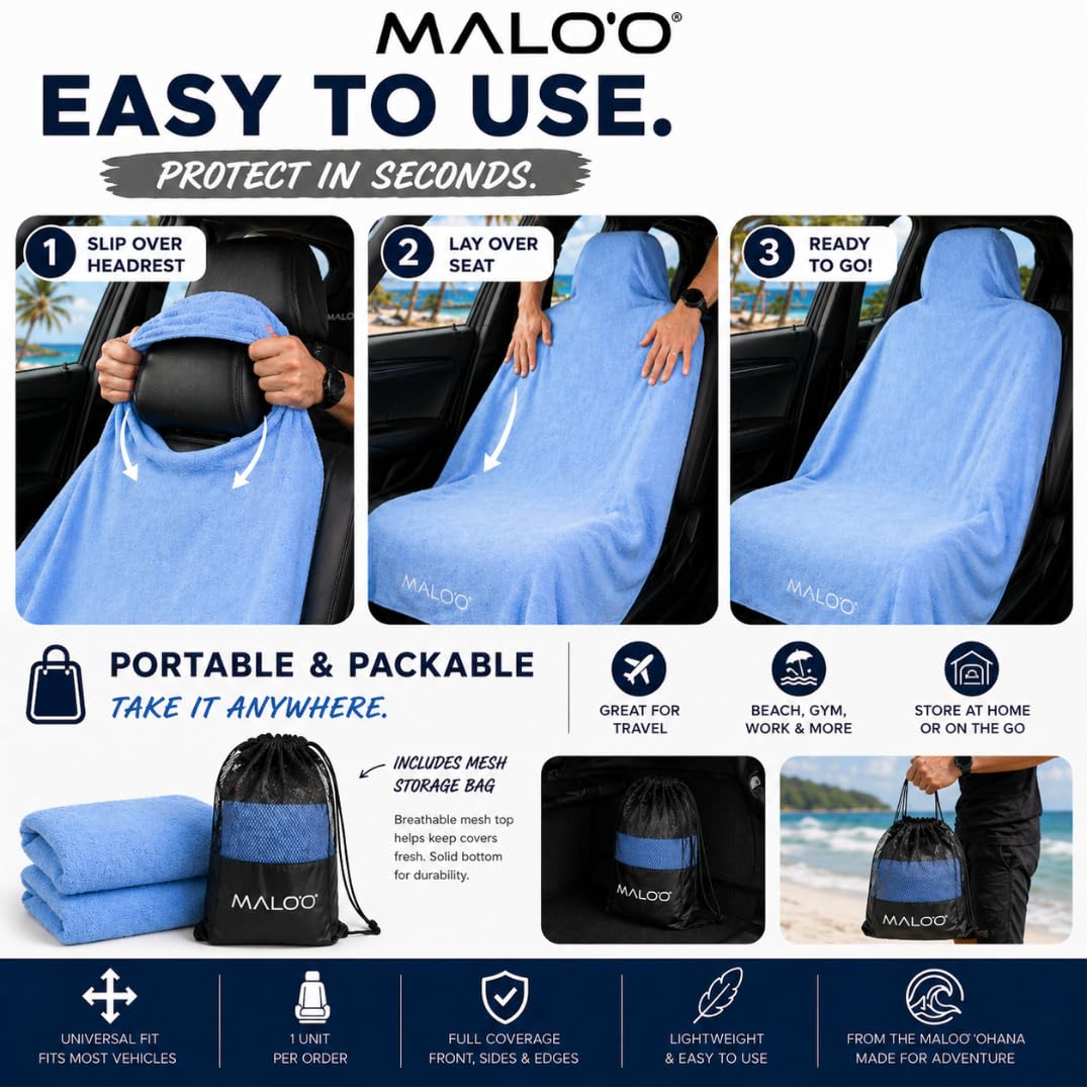 Malo’o SeatGuard Seat Cover – Microfiber Towel or Premium Terry Cloth w/Nylon Backing – Universal Car Seat Protector for Beach, Gym, Surf, Pets & Travel – Quick Dry, Machine Washable