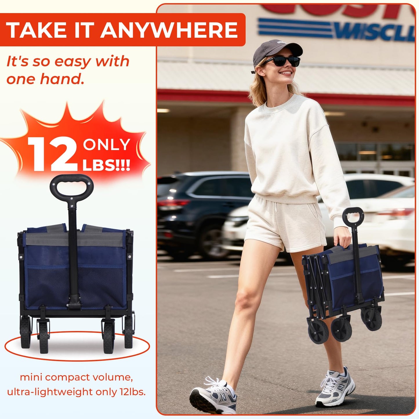 Compact Foldable Tailgate Wagon Cart with Wheels, 12 lb Lightweight Small Folding Utility Wagon for Garden, Grocery, Beach, Camping - Portable Cart (Blue)
