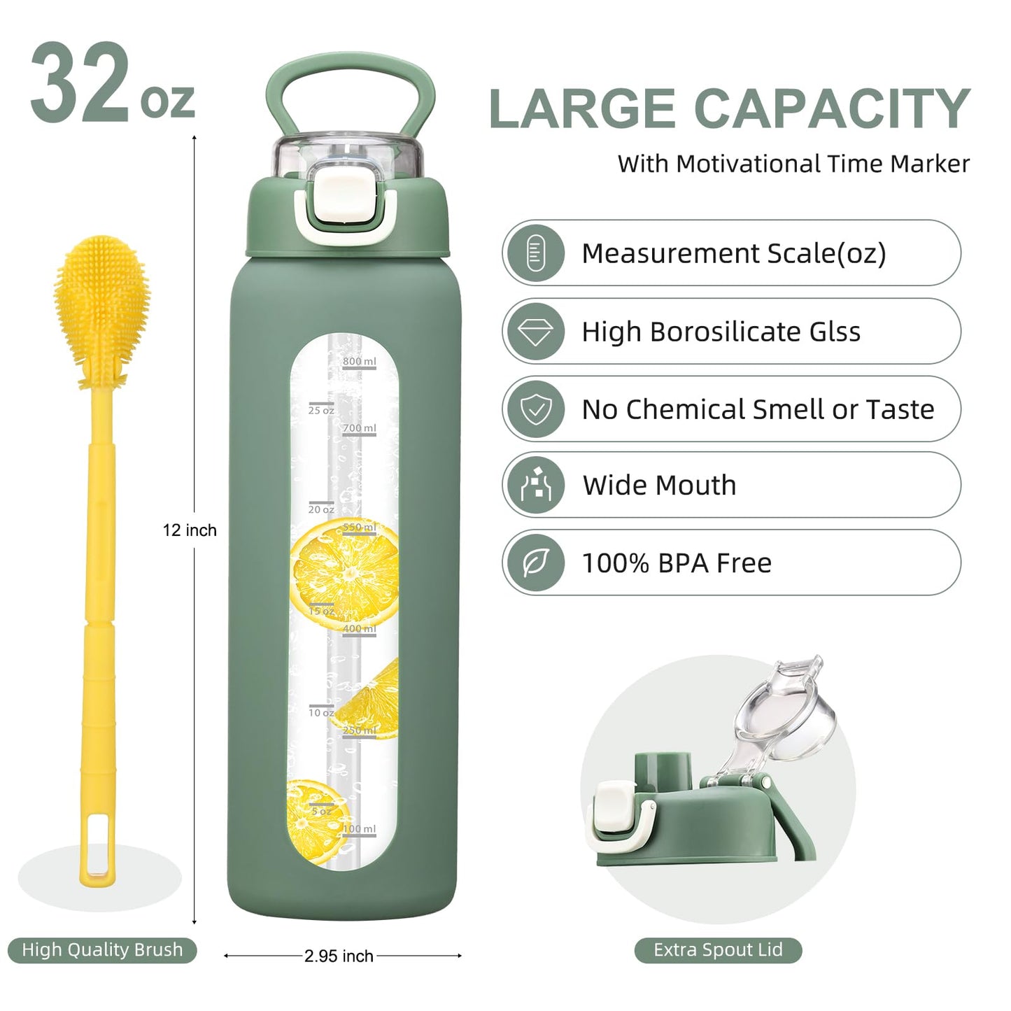 chunmo 32 oz Glass Water Bottles with 2 Lids-Handle Spout Lid & Straw Lid, 1 Liter Motivational Borosilicate Water Bottle with Time Marker and Silicone Sleeve,Leakproof-Olive-1 Pack