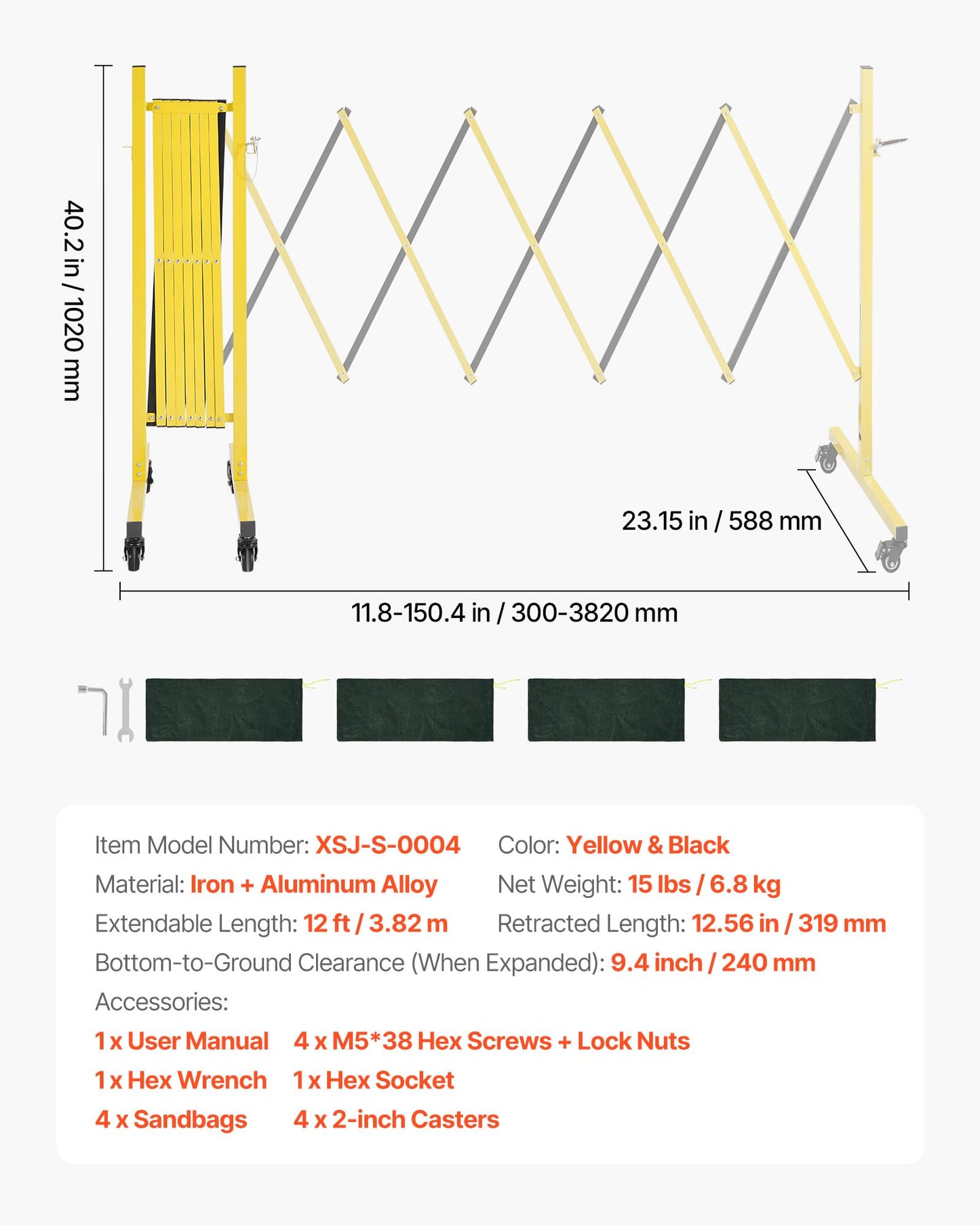 VEVOR Industrial Expandable Barricade, 12FT Expandable Safety Barrier, Flaxible Mobile Barricade with Locking Casters, Portable Folding Security Gate Traffic Fence for Driveway Warehouse Elevator
