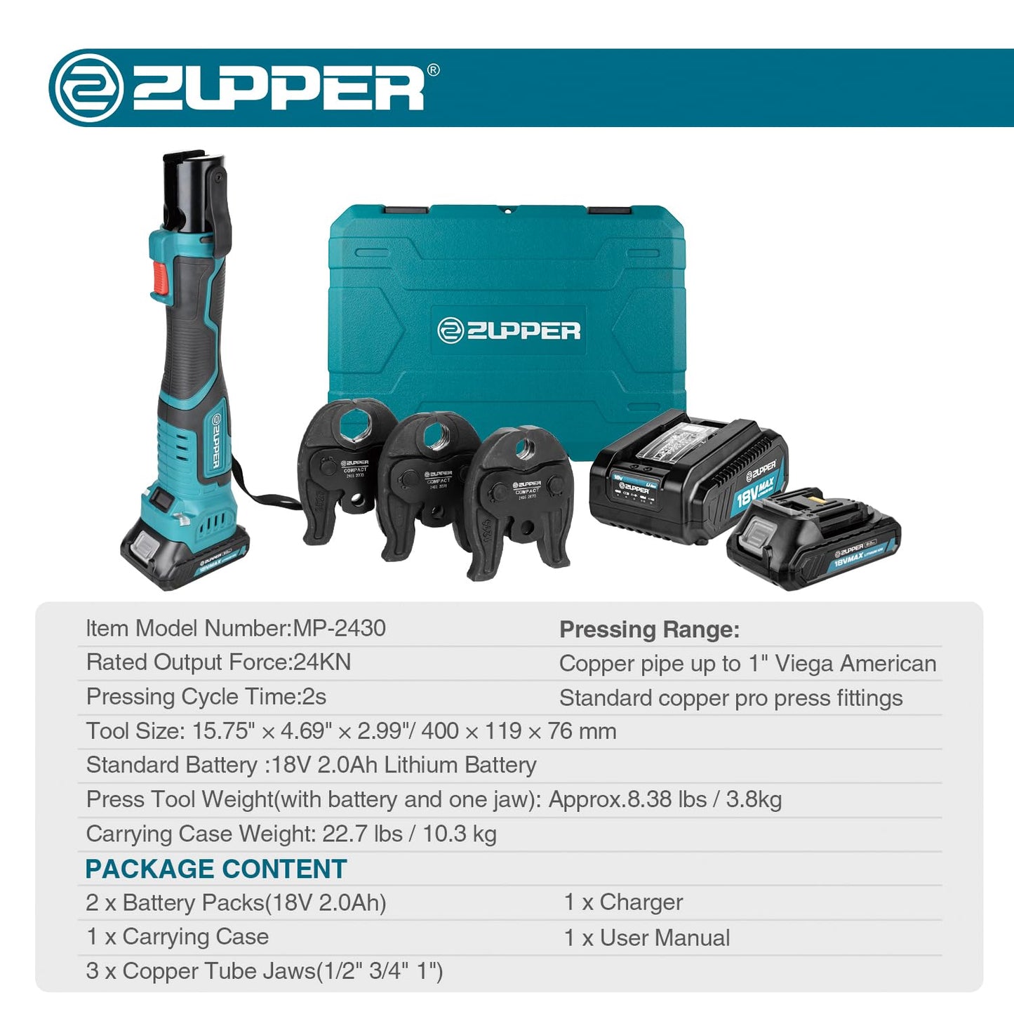 ZUPPER Press Tool, 18V Electric Pipe Crimping Tool for 1/2", 3/4", 1" Copper Pipes, Compact Press Tool Kit Suitable for Copper ProPress fittings - with Brushless Motor, 3 VUS Press Jaws, 2pcs Battery
