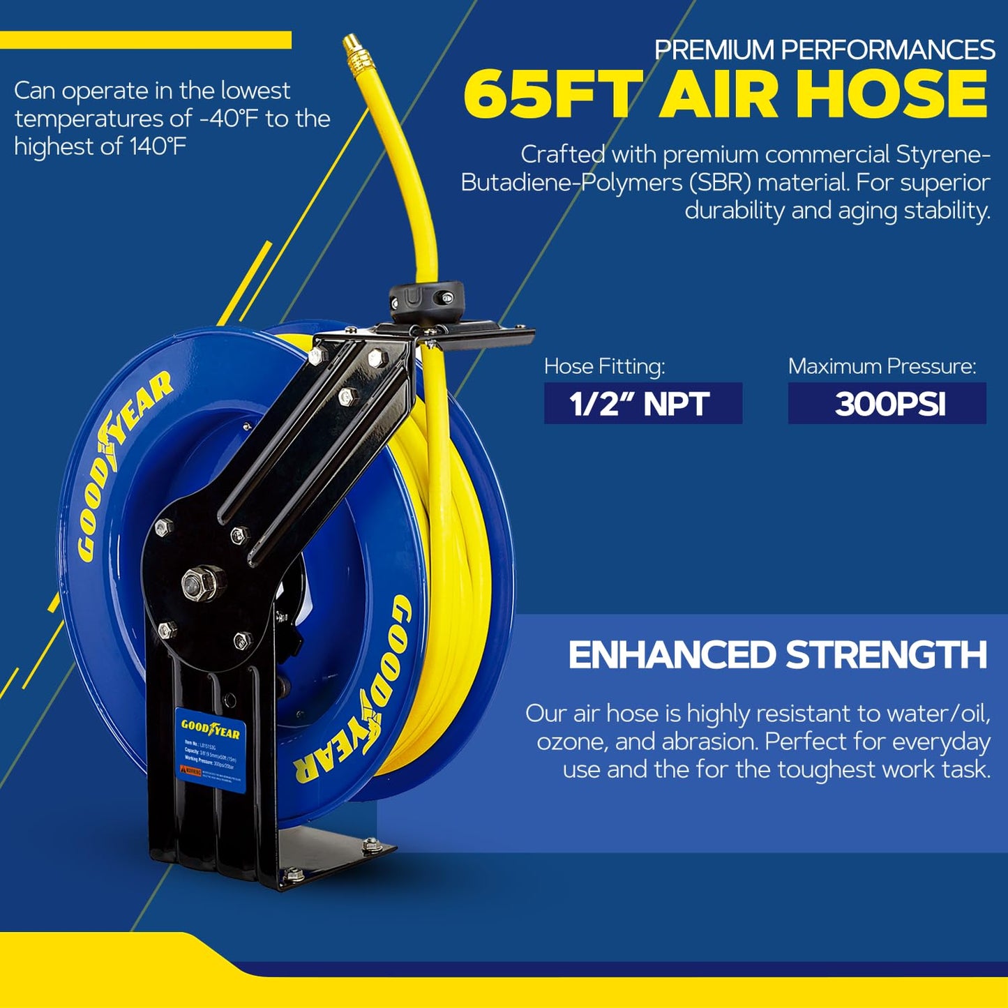 Goodyear Air Hose Reel Retractable 1/2" Inch x 65' Foot SBR Rubber Hose Max 300PSI Heavy Duty Industrial Steel Single Arm Construction