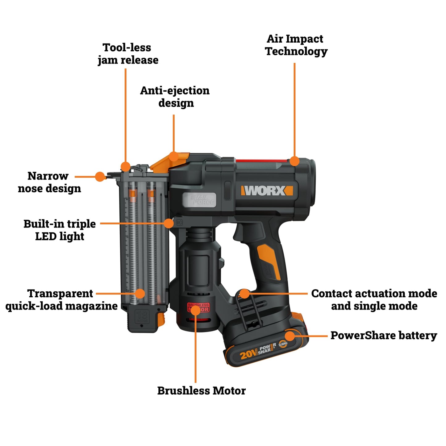WORX Brad Nailer Cordless, 20V 18 ga Brushless Nail Gun Cordless, High Driving Power, Up to 2-⅛" into Hardwood, Narrow Nose, 3 LEDs, 3000 Nails & 20V 2.0 Ah Battery and Charger Included, PowerShare