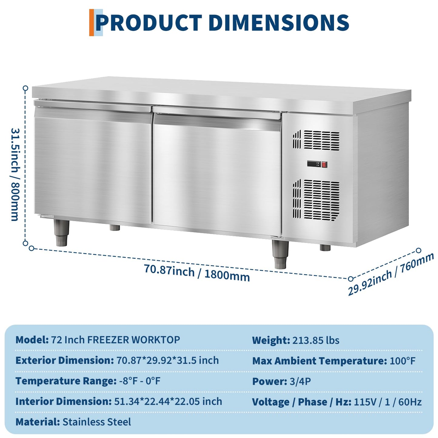 71" Undercounter Commercial Prep Table Freezer – 18 cu. ft. Stainless Steel, 2-Door Frost-Free Freezer Station with Worktop, for Restaurants, Bars, & Food Service"