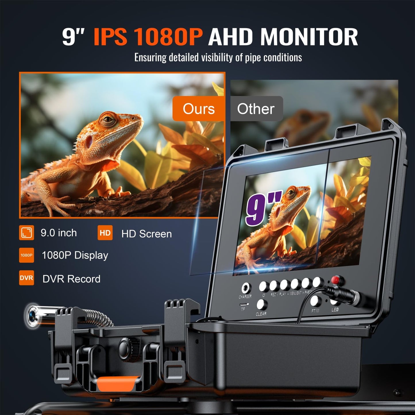 Hialemi Portable 9'' Sewer Camera with 512Hz Transmitter - 100Ft/30M Self Leveling Drain Camera & Meter Counter & 5X Zoom - 145° Plumbing Pipe Inspection Cam with Lights - 1080P IPS Screen & DVR 32GB