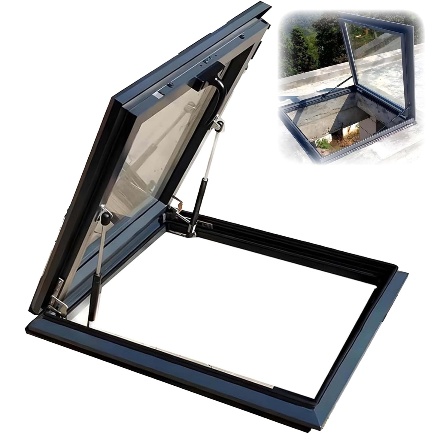 Skylight Window Tempered Glass Roof Cover with Aluminum Frame & Hydraulic Rod for Basement, Sunroom, Outdoor, Attic – Enhance Natural Light & Airflow