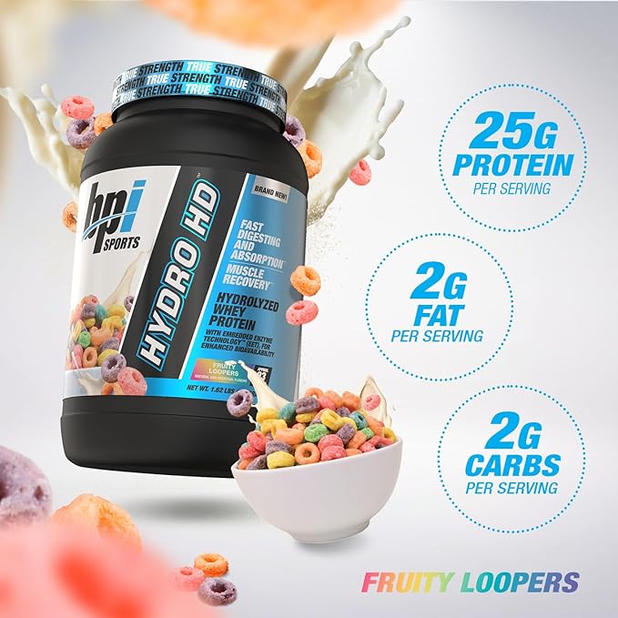 BPI Sports Hydro HD - 100% Hydrolyzed Whey Protein Powder - Muscle Growth, Recovery, 25g of Hydrolyzed Protein, Low Carb, Low Sugar, Fast Absorbing (68 Servings, Fruity Loopers)