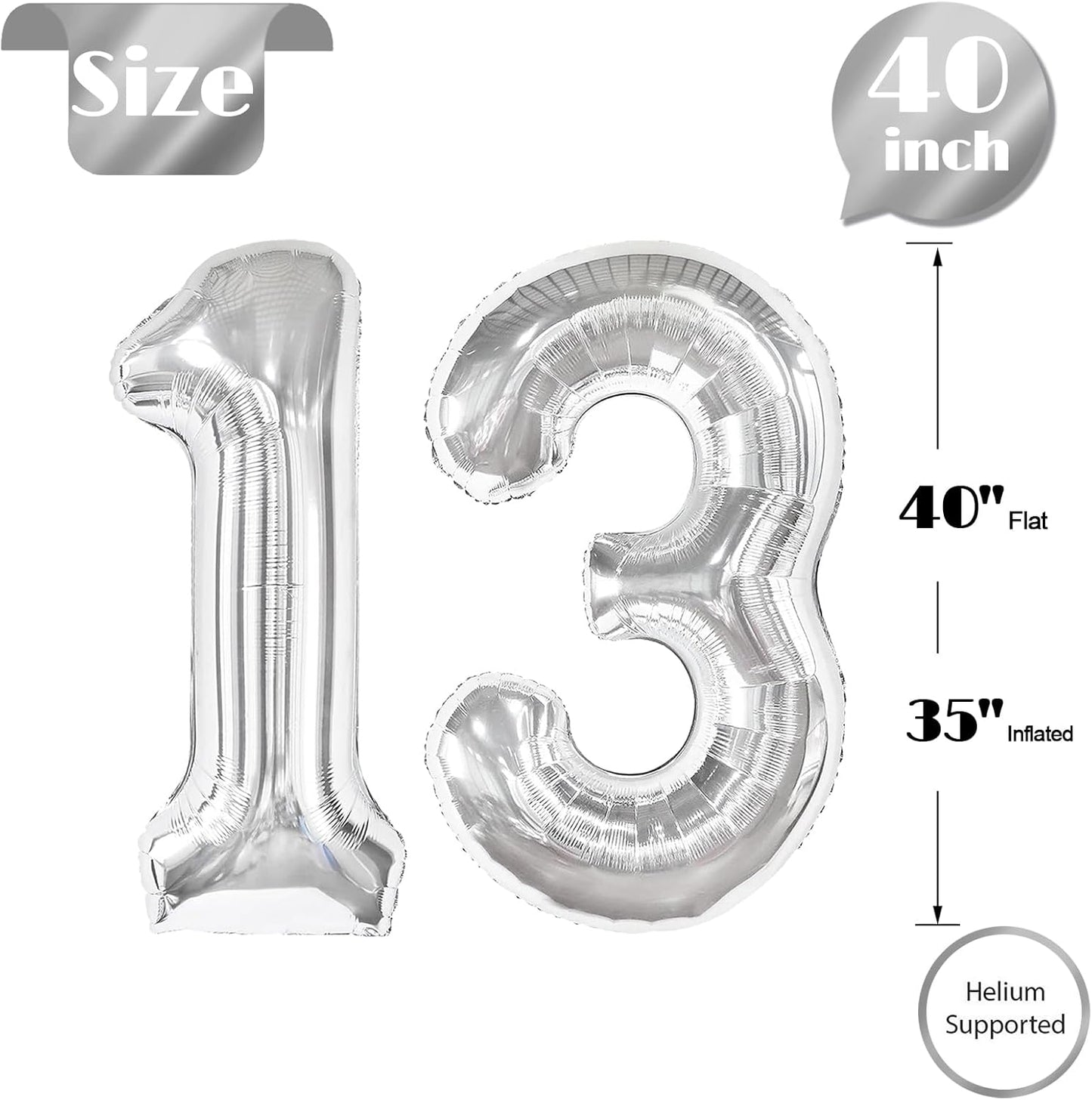 Silver Number 13 Balloon - 40 Inch Metallic Birthday Decoration for Kids' 13th Party