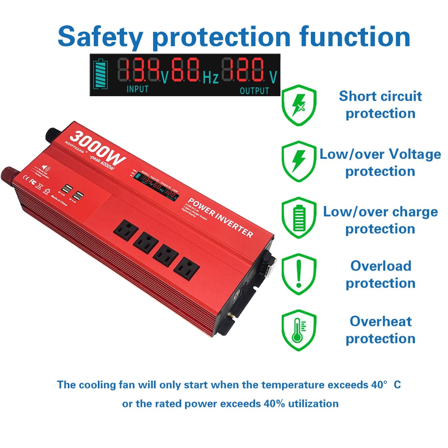 MOVFFGGRM 3000W 12V Power Inverter,Peak 6000W, Car/Truck/RV DC 12V to 110V 4AC Converter, 6X 2.4A USB Ports,with 18W Type-C Quick Charge Port,LCD Digital Display
