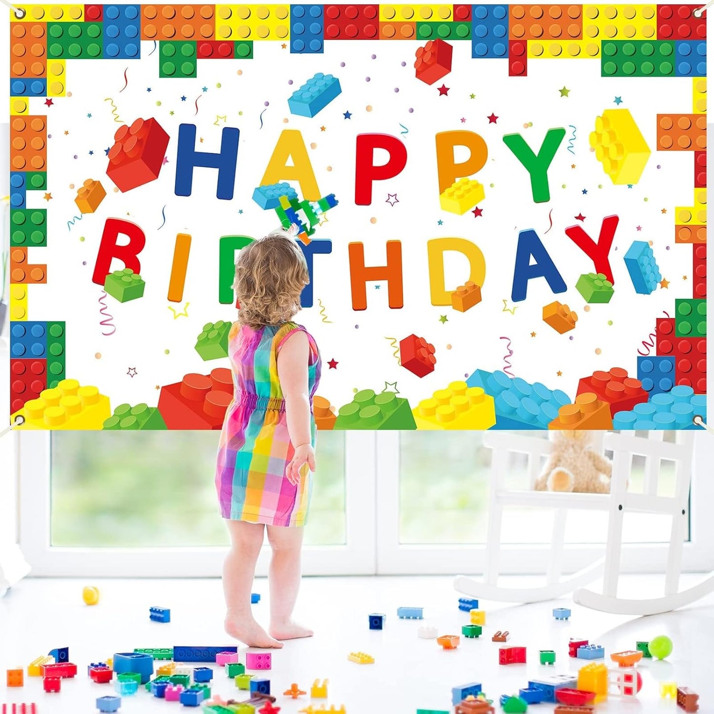 chiazllta 71 43 Building Blocks Happy Birthday Banner Colorful Blocks Birthday Party Decorations Backdrop Photography