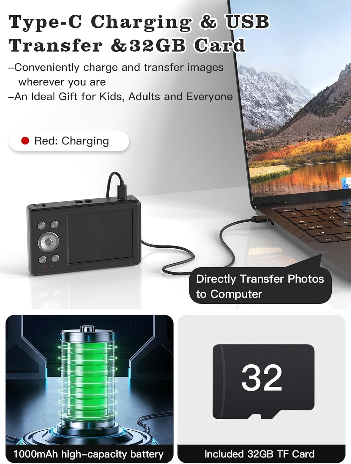 Fleafer 56MP 1080P 16x 32GB Upgrade Digital Camera, FHD for Kids with Zoom Anti Shake, TF Card, Two Batteries, Lanyard