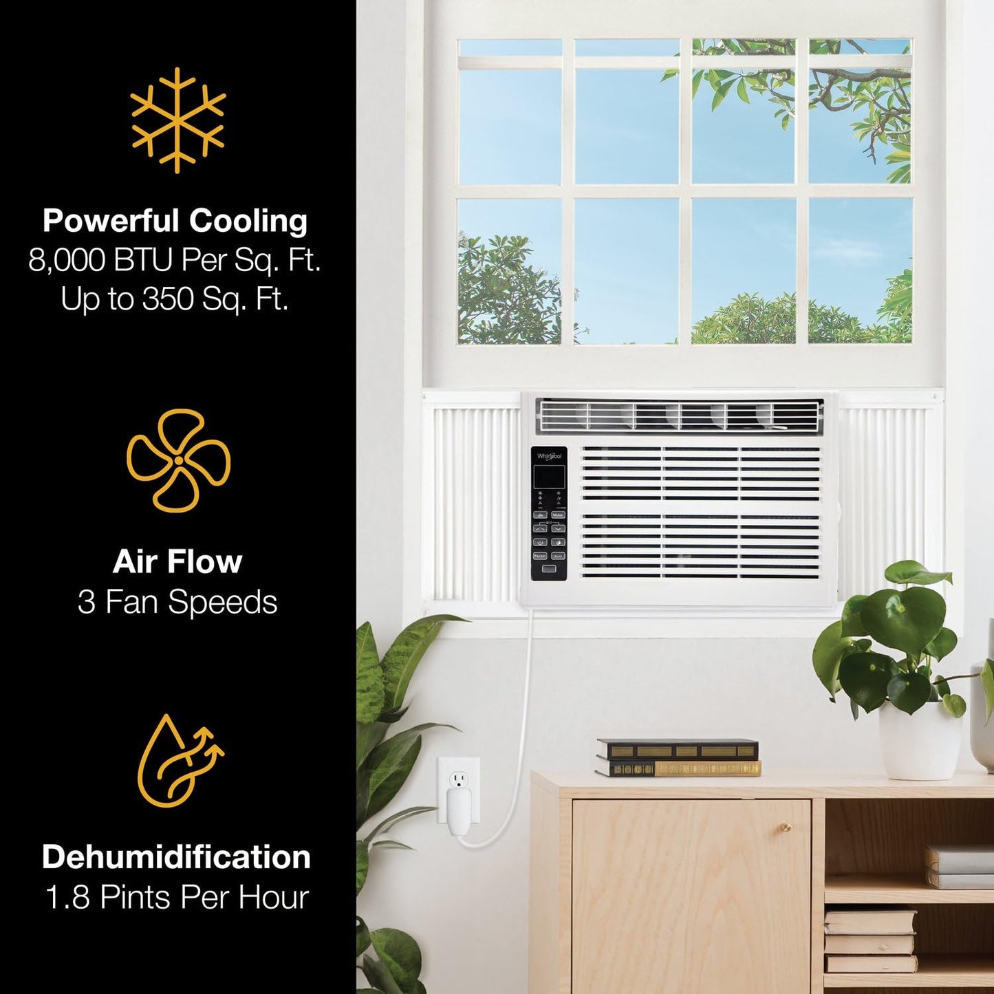 Whirlpool 8,000 BTU Window Air Conditioner with Dehumidifier, 115V, Window AC for Rooms up to 350 Sq. Ft., Living Room, Bedroom, or Apartment, with 3 Speeds, Remote Control, and 24H Timer, White
