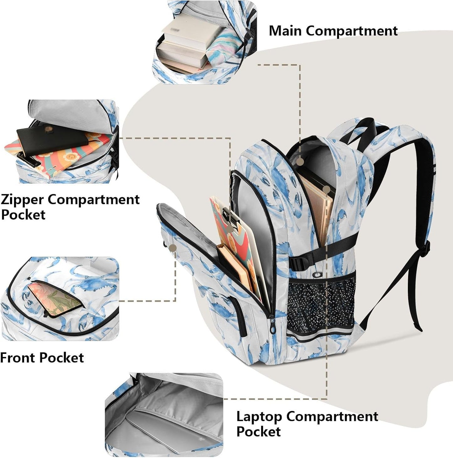 Bolaz Backpack 14 Inch Watercolor Crabs Travel Laptop Computer Bag Sturdy School Bag College Bookbag