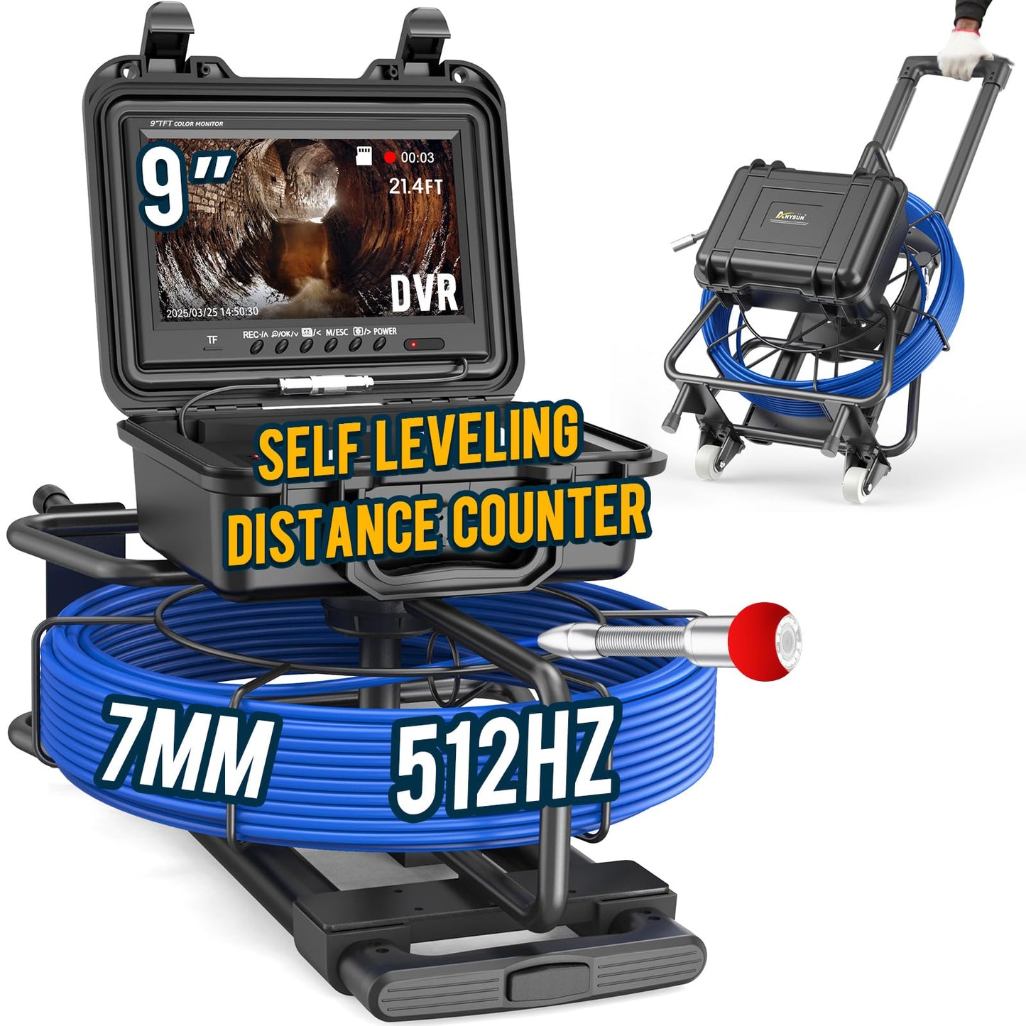 Anysun Sewer Camera with 512hz Sonde 150ft, Self Leveling Sewer Inspection Camera with Distance Counter, 7MM Diameter Cable with Trolley and Wheels, 9" HD Monitor with DVR Drain Pipe Camera(32GB Card)