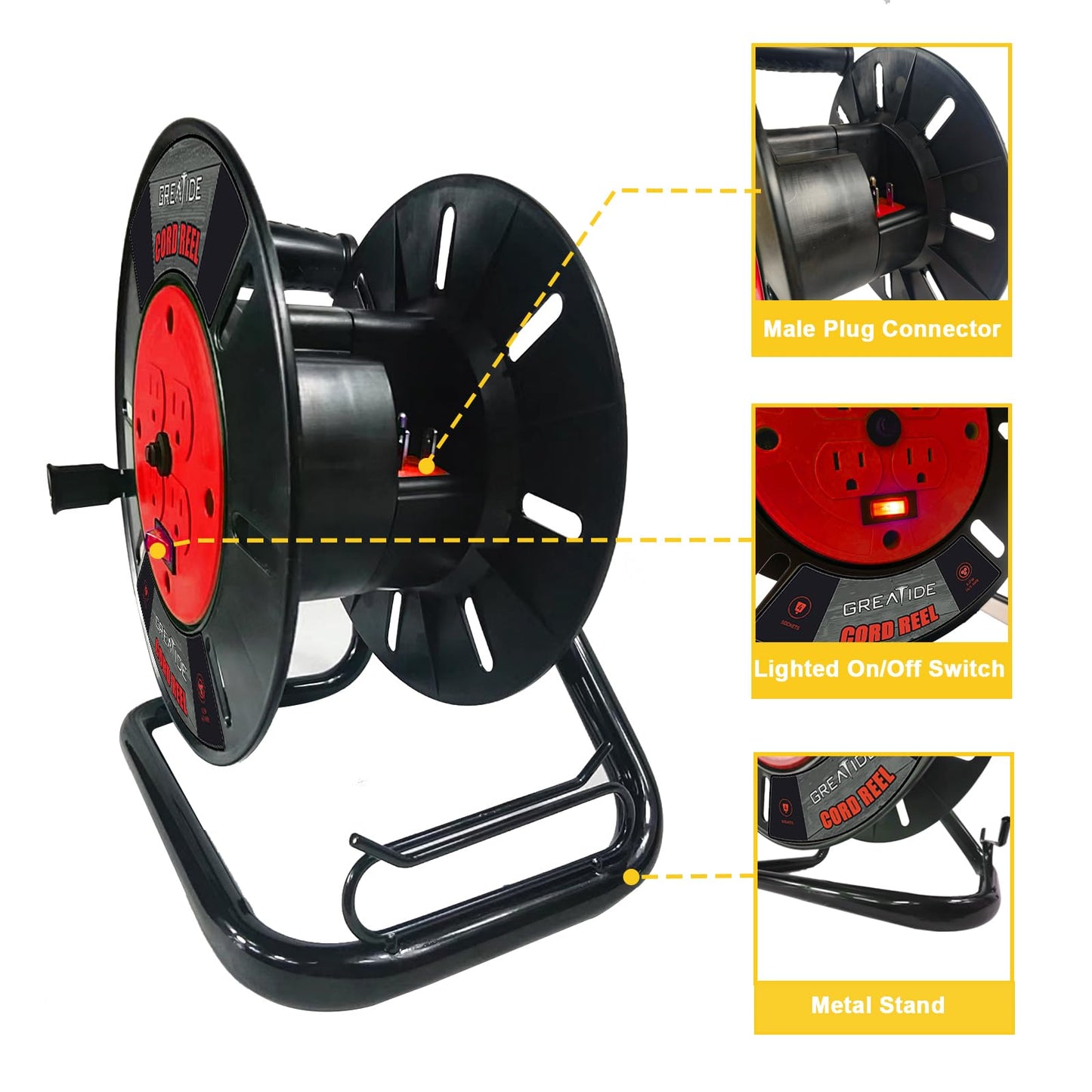 GREATIDE Heavy Duty Extension Cord Storage Reel with 4-Grounded Outlets, 10A Circuit Breaker, Retractable Hand Wind, Portable Empty Hand Crank Open Cord Reel for 12/3 14/3 16/3 Gauge Power Cord, Red