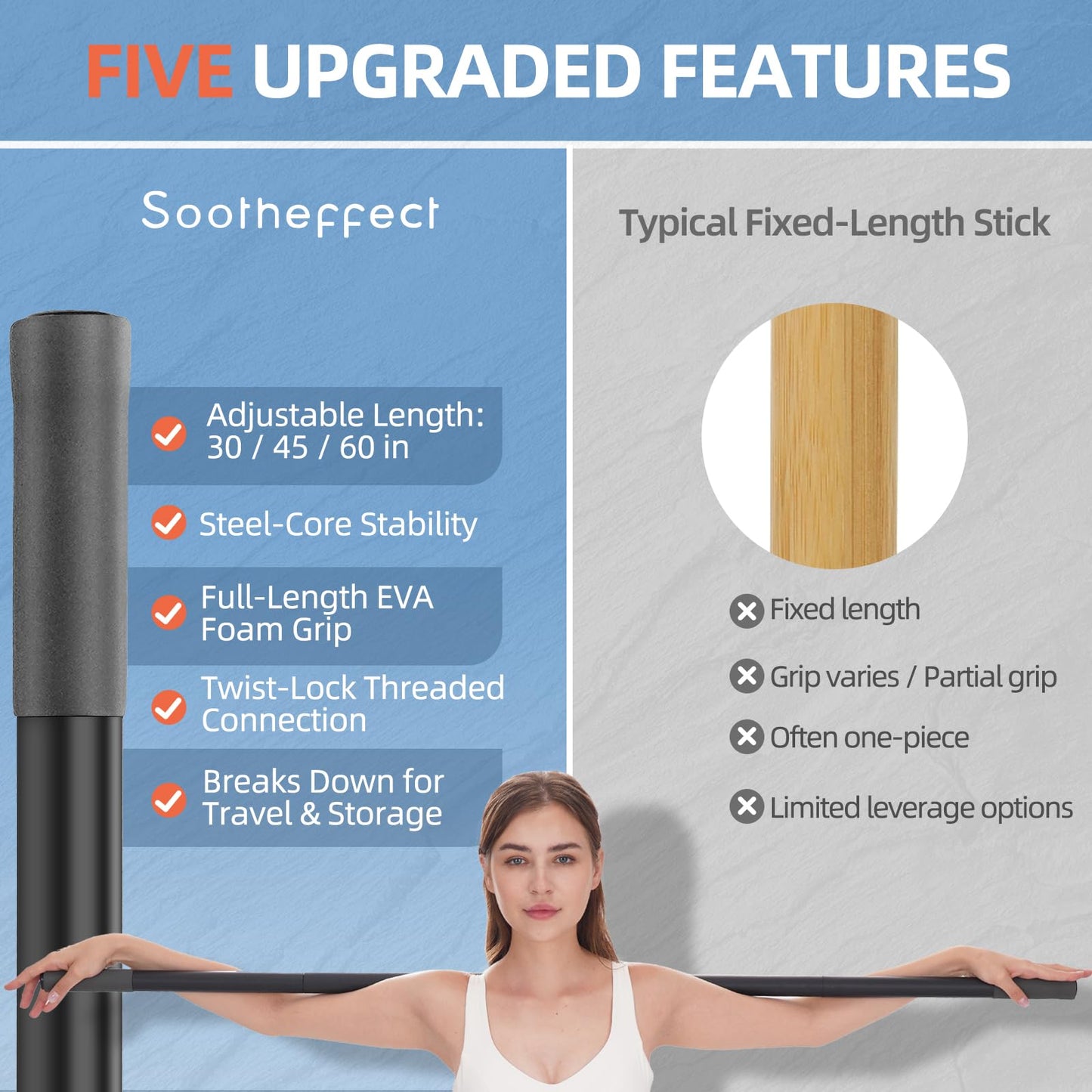 Adjustable Yoga Stick (30/45/60 in), Fully Foam-Sleeved Steel Stretching & Mobility Stick with Exercise Guide, Portable Fitness & Rehab Tool, Carry Bag Included