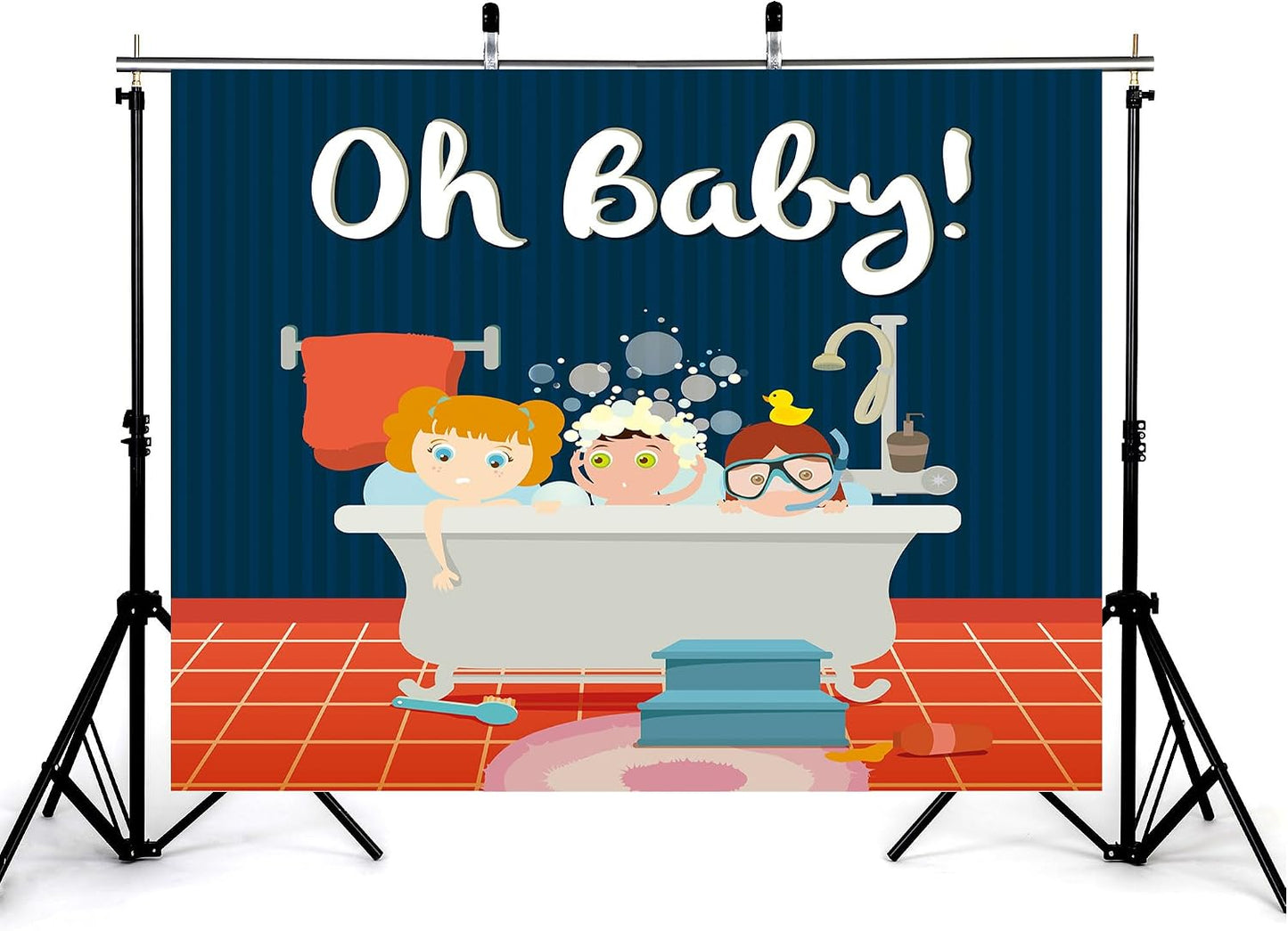 KeyWork 10x7ft Oh Baby Bathroom Theme Photography Backdrop Kids in Bathtub Design with Blue and Orange Background