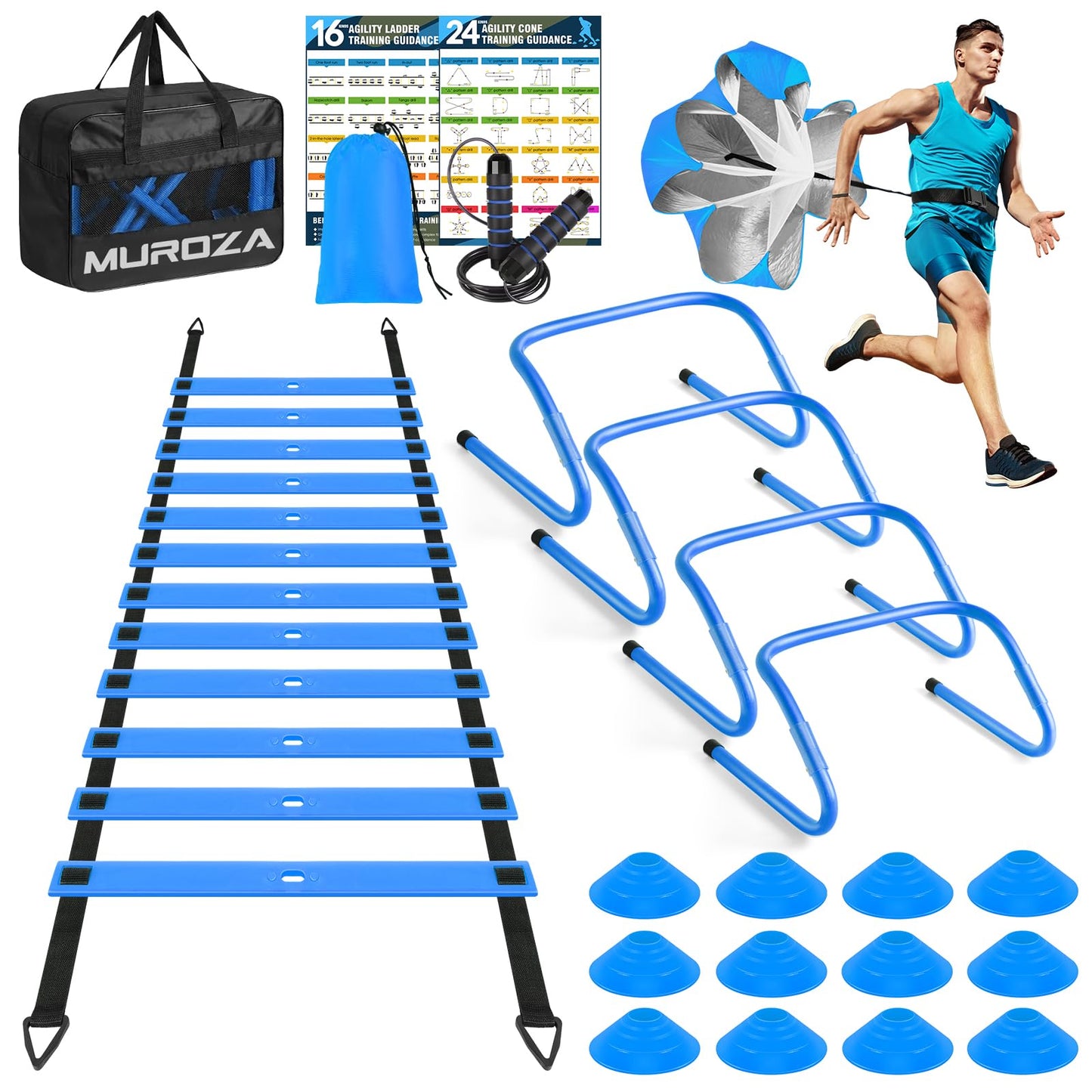 MUROZA Agility Ladder, Football Training Equipment Set, 20ft Speed Ladder, 12 Soccer Cones, 4 Hurdles, Jump Rope, Running Parachute, Soccer Football Basketball Training Equipment Accessories