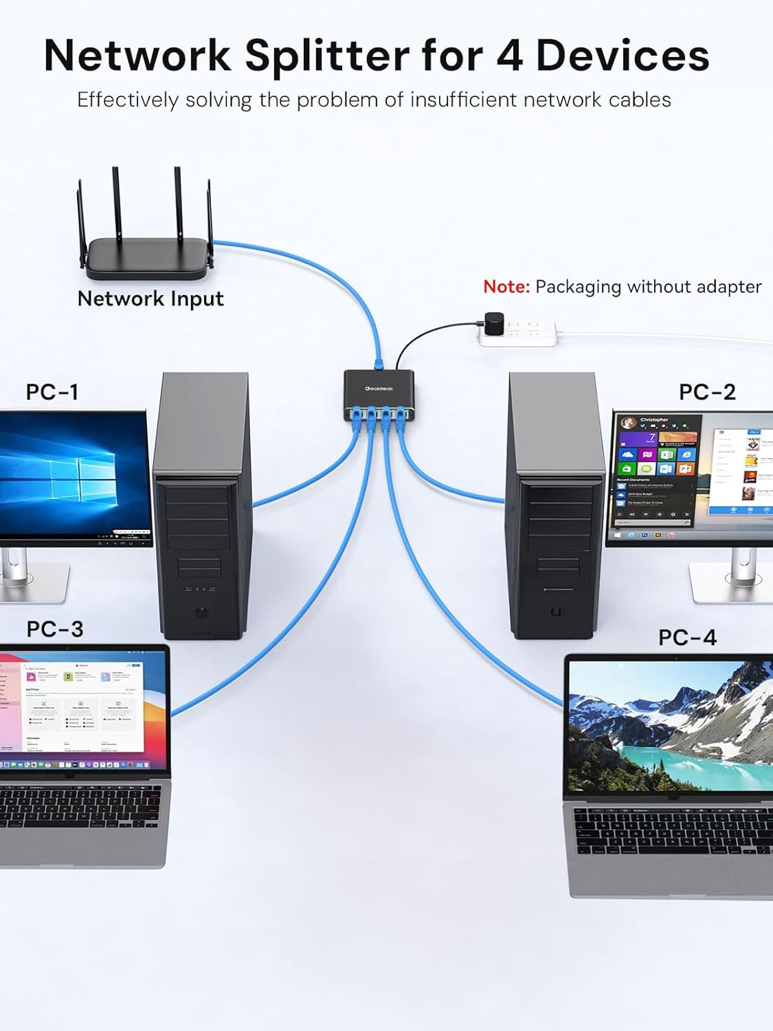 dockteck 1 4 1000Mbps, 1 4 RJ45 Cat5/5e/6/7/8 Ethernet Splitter to Internet Cable Splitter in Out High Speed Switch