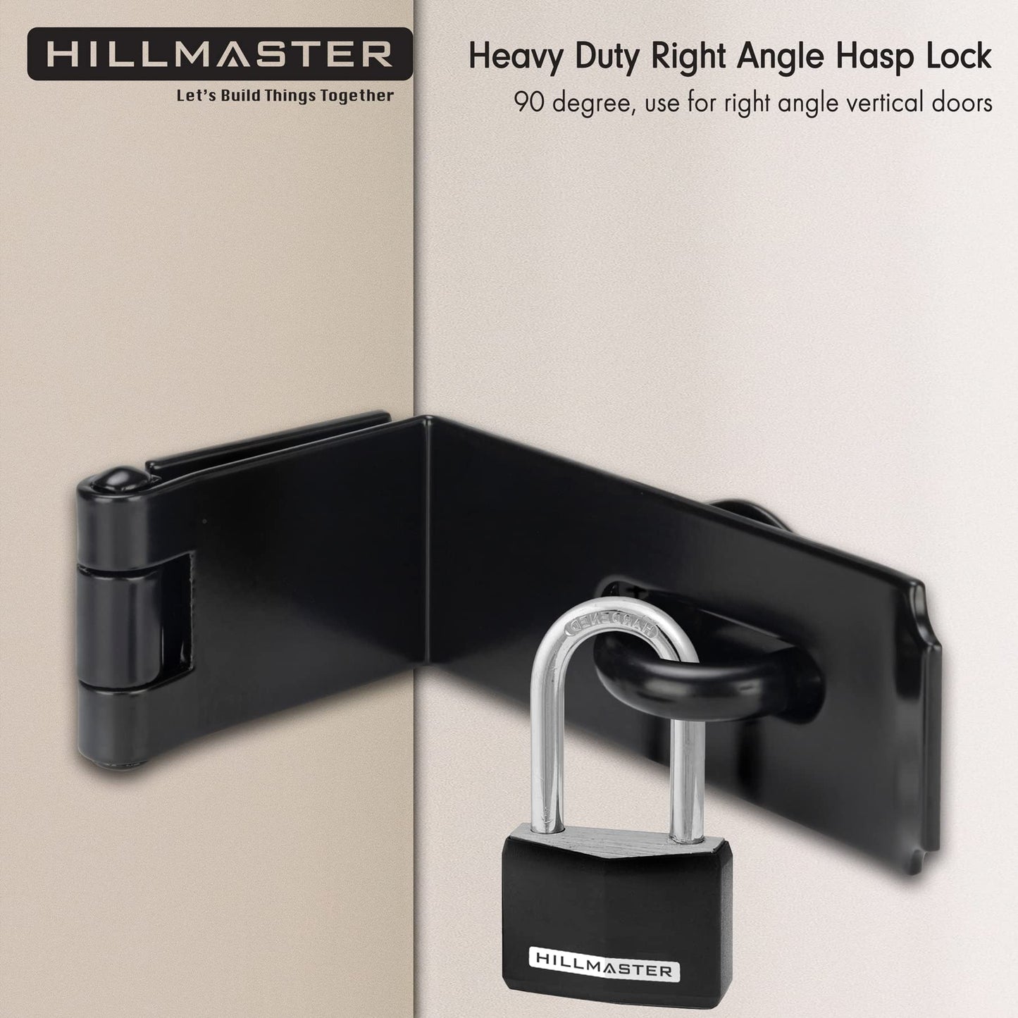 HILLMASTER Door Hasp Latch 90 Degree, 7-3/4" Extra Thick Heavy Duty Steel Safety Gate Door Lock Padlock Clasp Hasp Lock Latch for Fence Gate Barn Door Shed Closet Cabinet, Black Finish