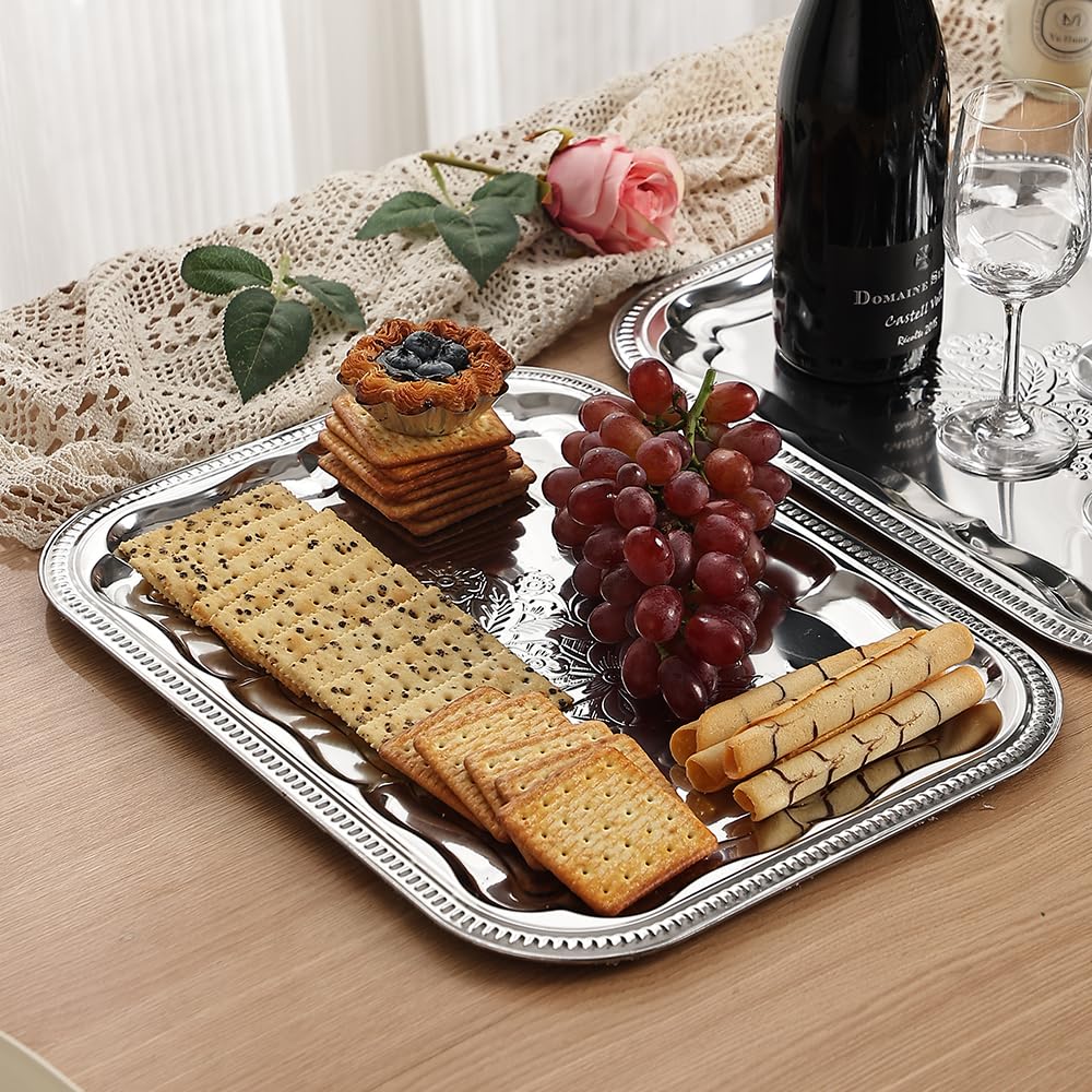 4-Pack 15.7" x 11.8" Silver Serving Trays for Party Set - Floral Engraved Serving Platters, Wedding Birthday Mirror Tray for Summer BBQ, Food, Appetizer, Charcuterie, Cookies, Desserts