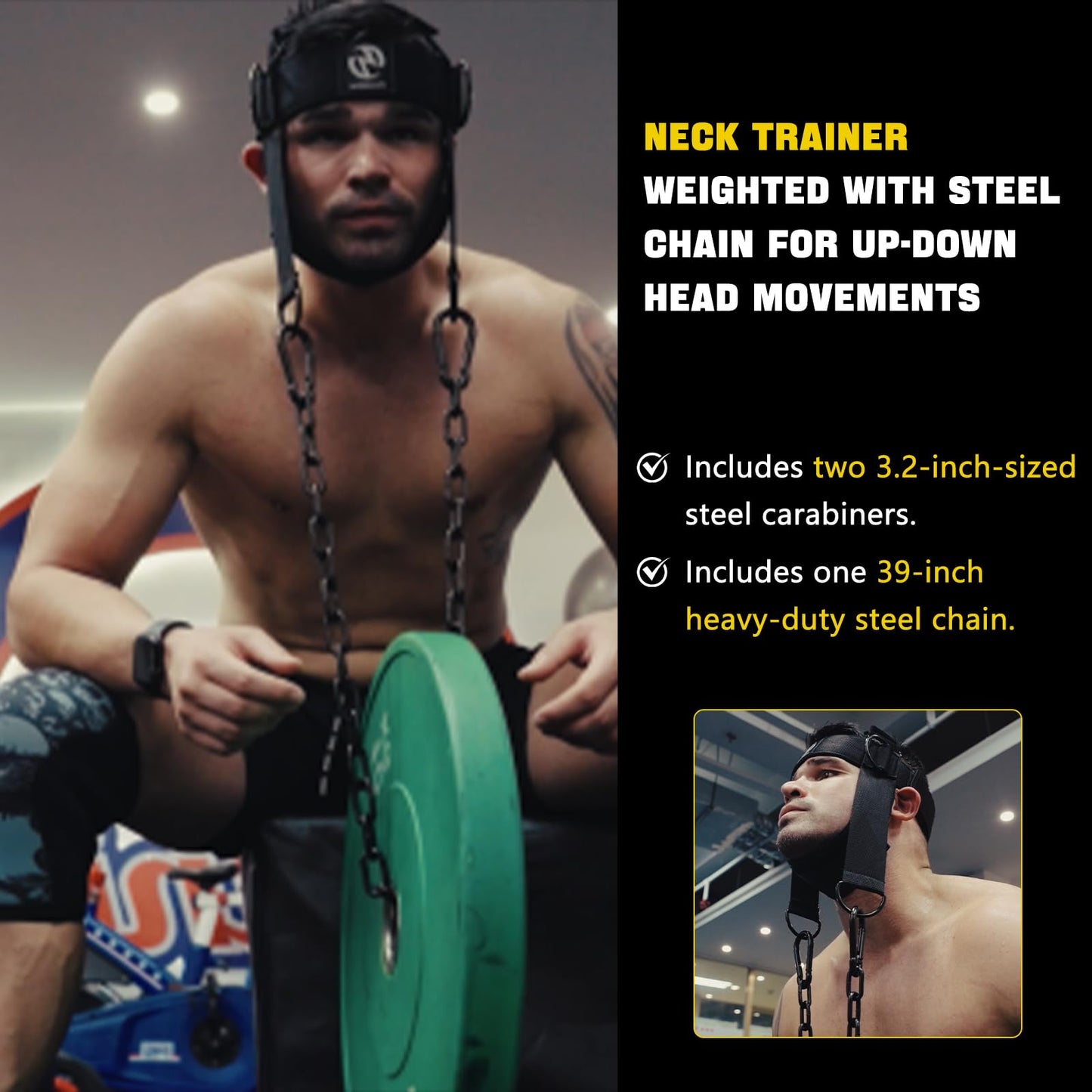 Neck Harness for Increases Neck Core Strength - Neck Exerciser with 30" Heavy Duty Steel Chain for Safely Lifting Weights Up to 280 lbs Black