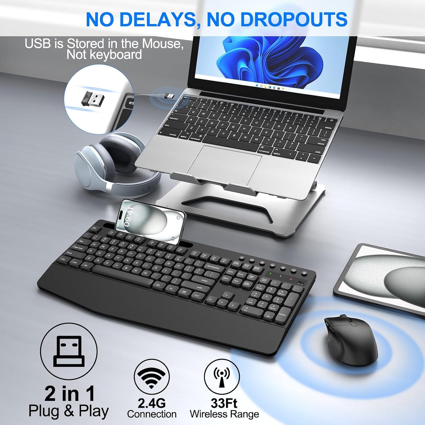 EDJO Set Wireless Keyboard and Mouse Combo, Full-Size Ergonomic Wireless Computer Keyboard with Wrist Rest, Phone