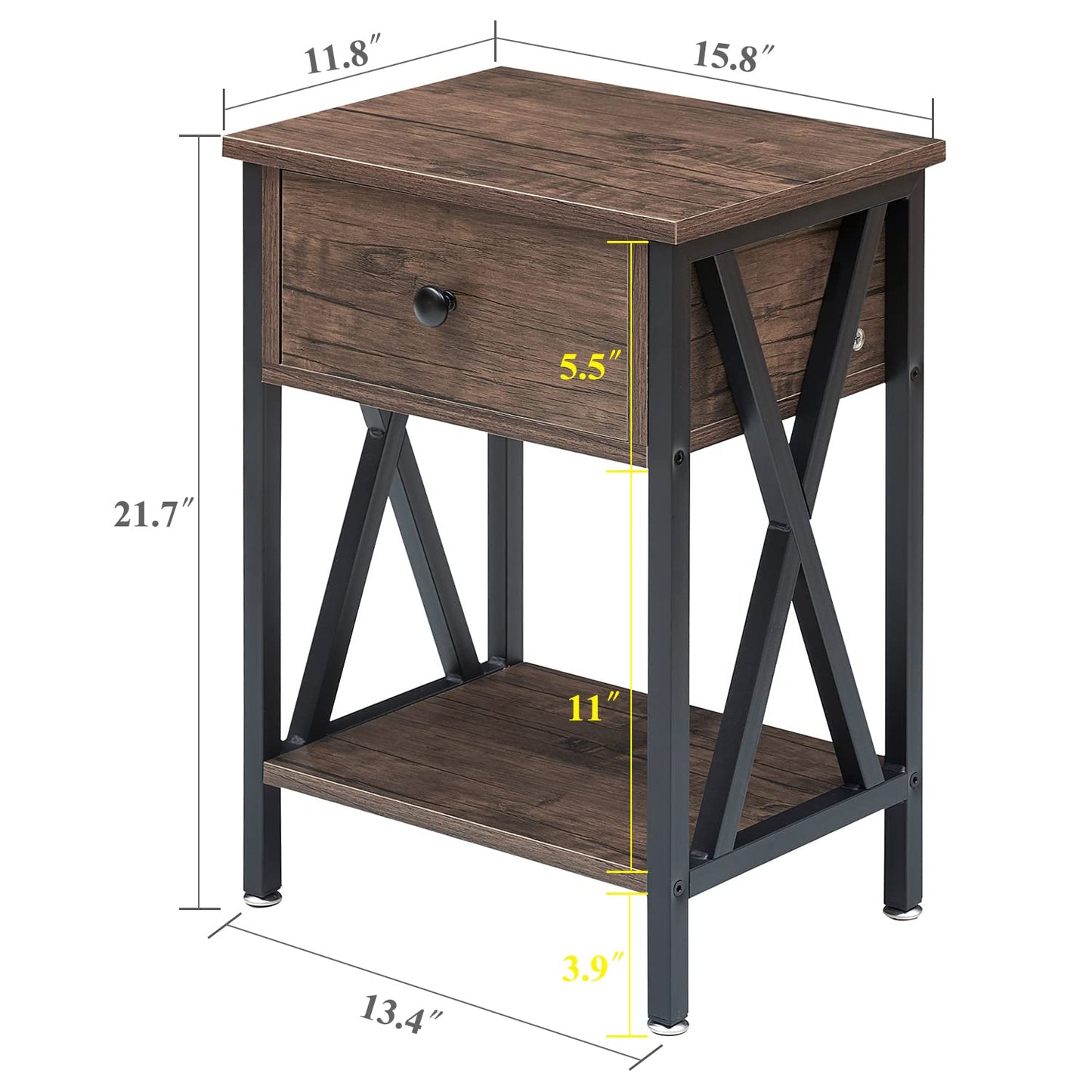VECELO Nightstand,Modern Bedside End Table, Night Stand with Drawer and Storage Shelf for Living Room Bedroom, Industrial Metal Frame